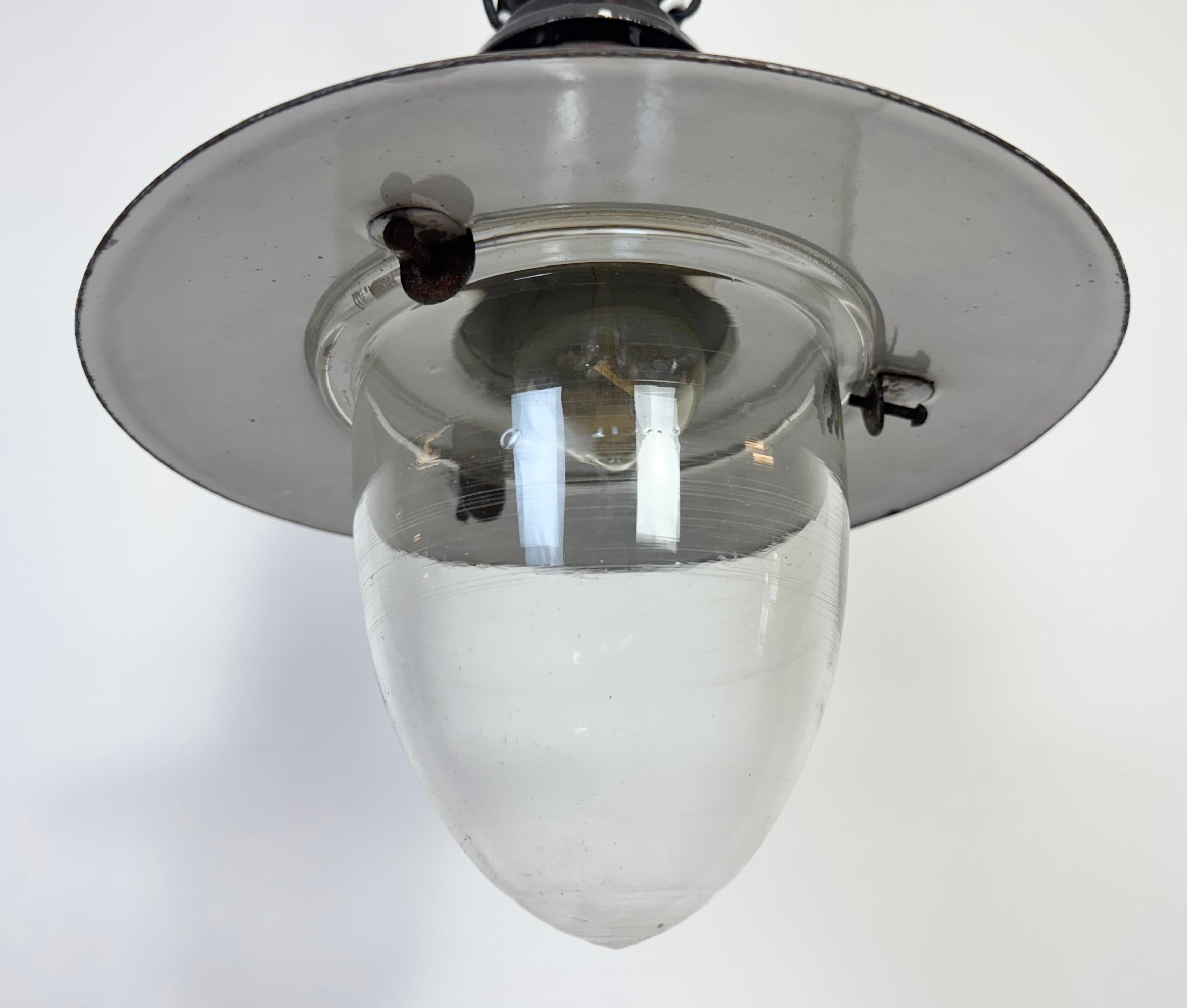 Industrial German Black Enamel Pendant Lamp with Glass Cover, 1930s For Sale 2