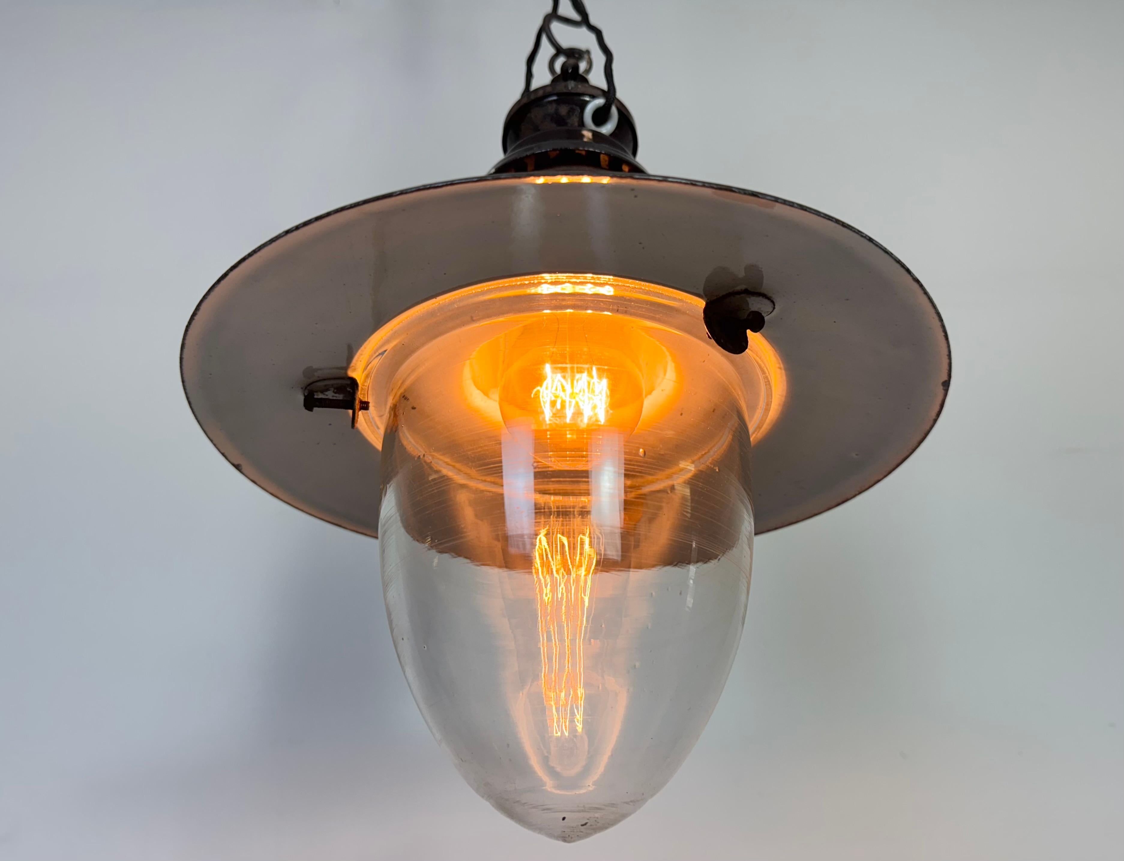 Industrial German Black Enamel Pendant Lamp with Glass Cover, 1930s For Sale 4