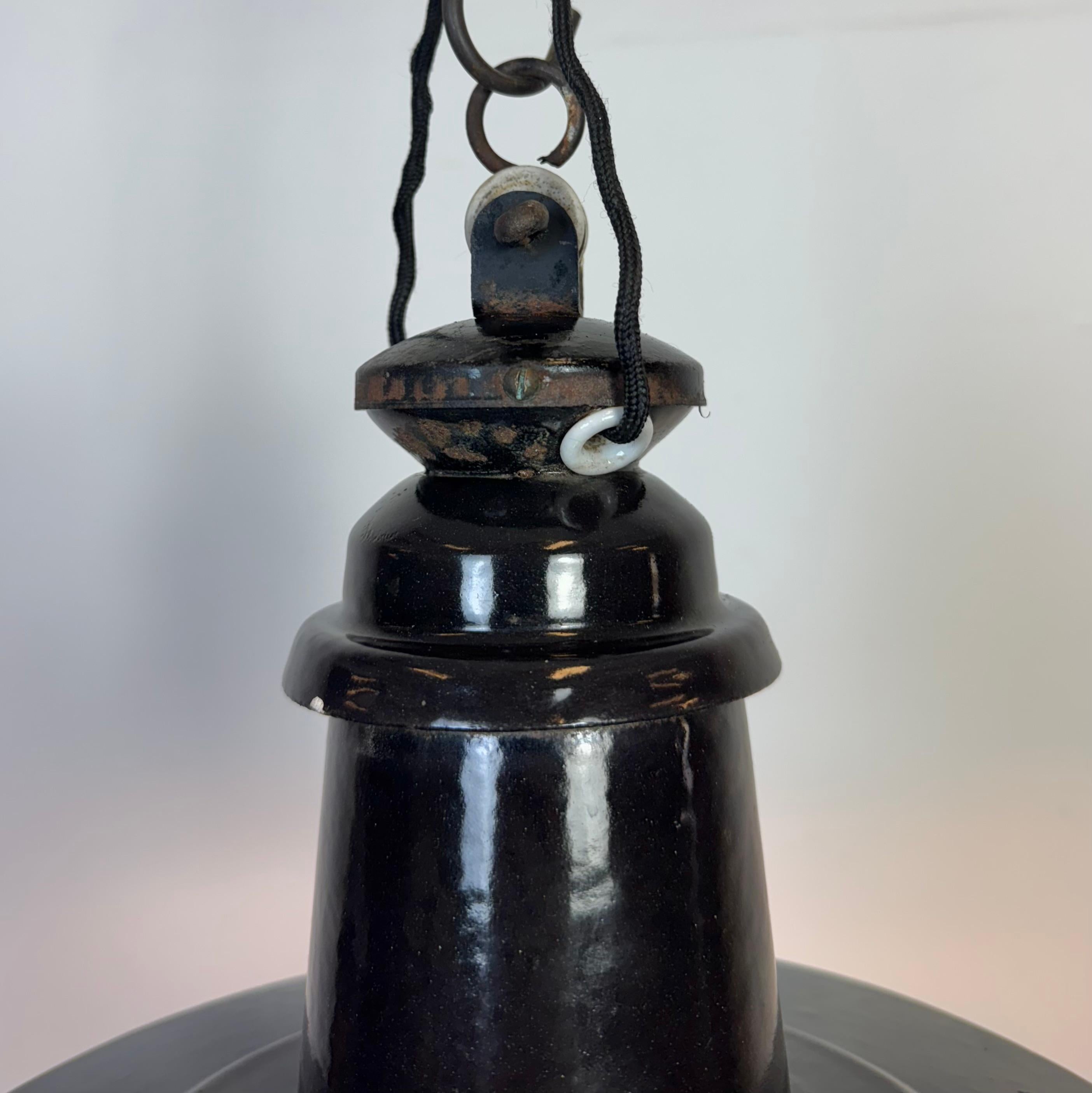 Industrial German Black Enamel Pendant Lamp with Glass Cover, 1930s For Sale 5