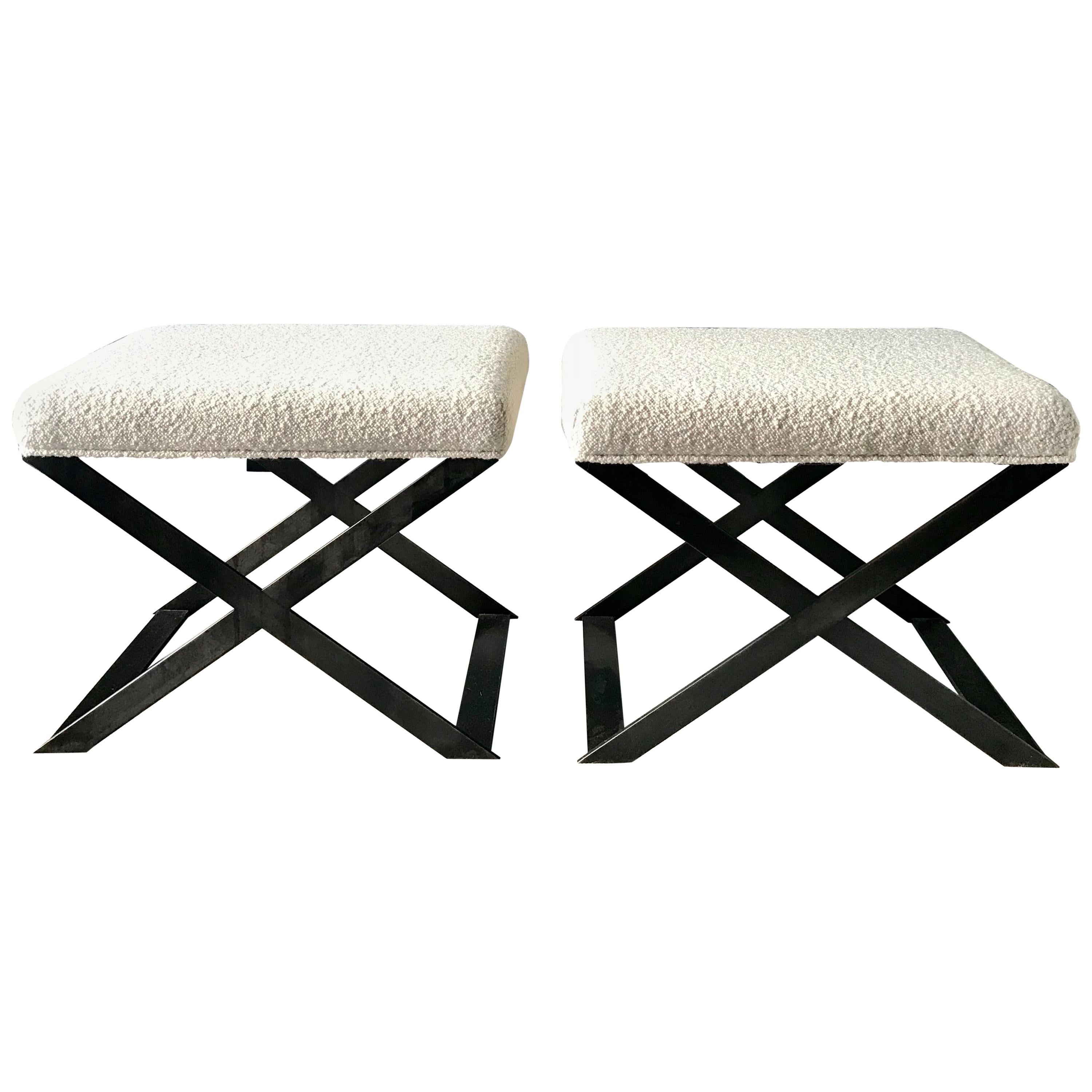 Industrial Glamour Inspired X-Leg Stool in Blackened Steel and Bouclé Fabric For Sale