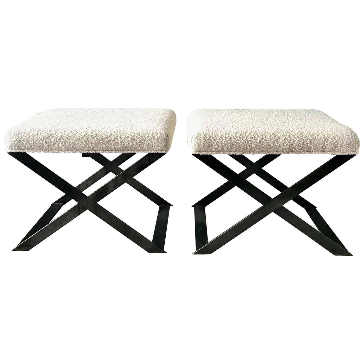 Industrial Glamour Inspired X-Leg Stool in Blackened Steel and Bouclé ...
