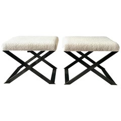 Industrial Glamour Inspired X-Leg Stool in Blackened Steel and Bouclé Fabric