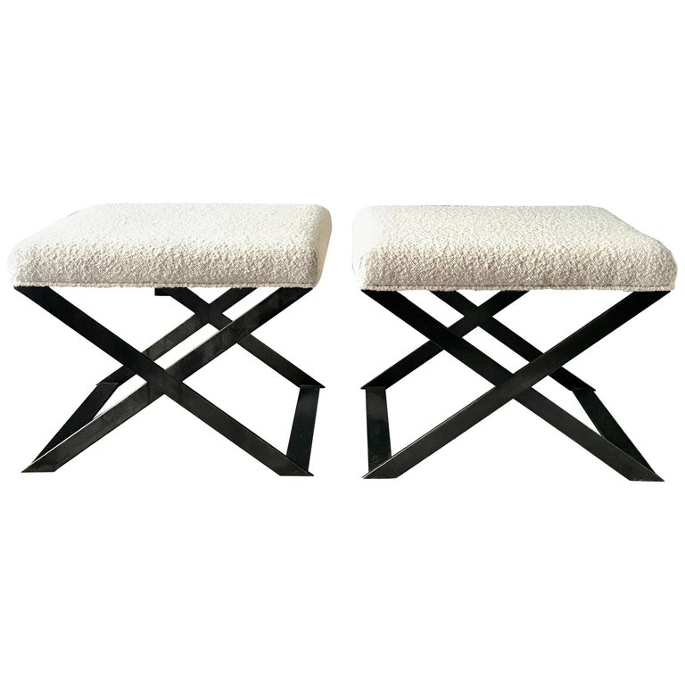 Industrial Glamour Inspired X-Leg Stool in Blackened Steel and Bouclé  Fabric For Sale at 1stDibs