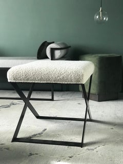 Custom Made Industrial Glamour X-Leg Stool Blackened Steel and Ivory Boucle