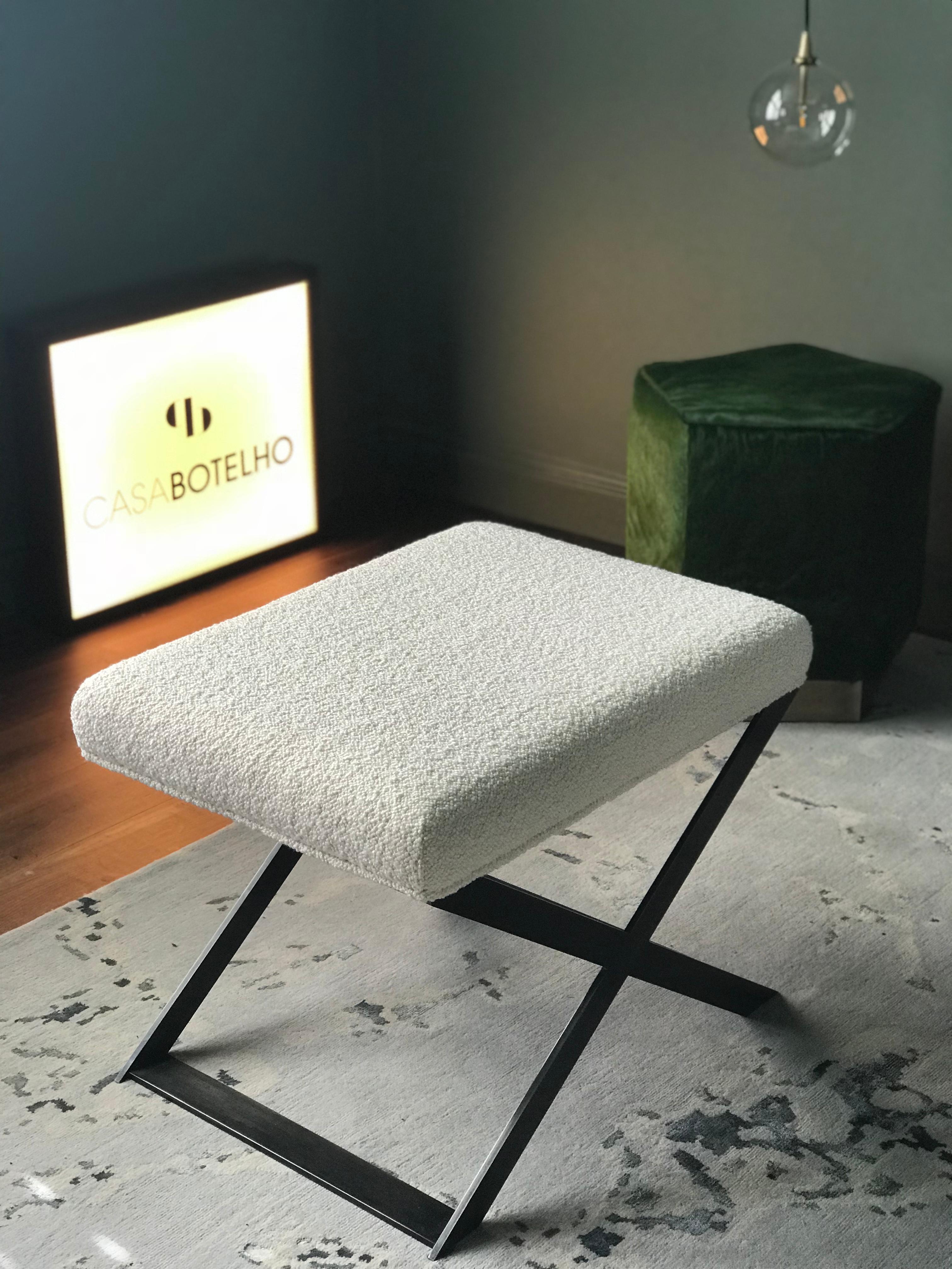 Plated Custom Made Industrial Glamour X-Leg Stool Blackened Steel and Ivory Boucle For Sale