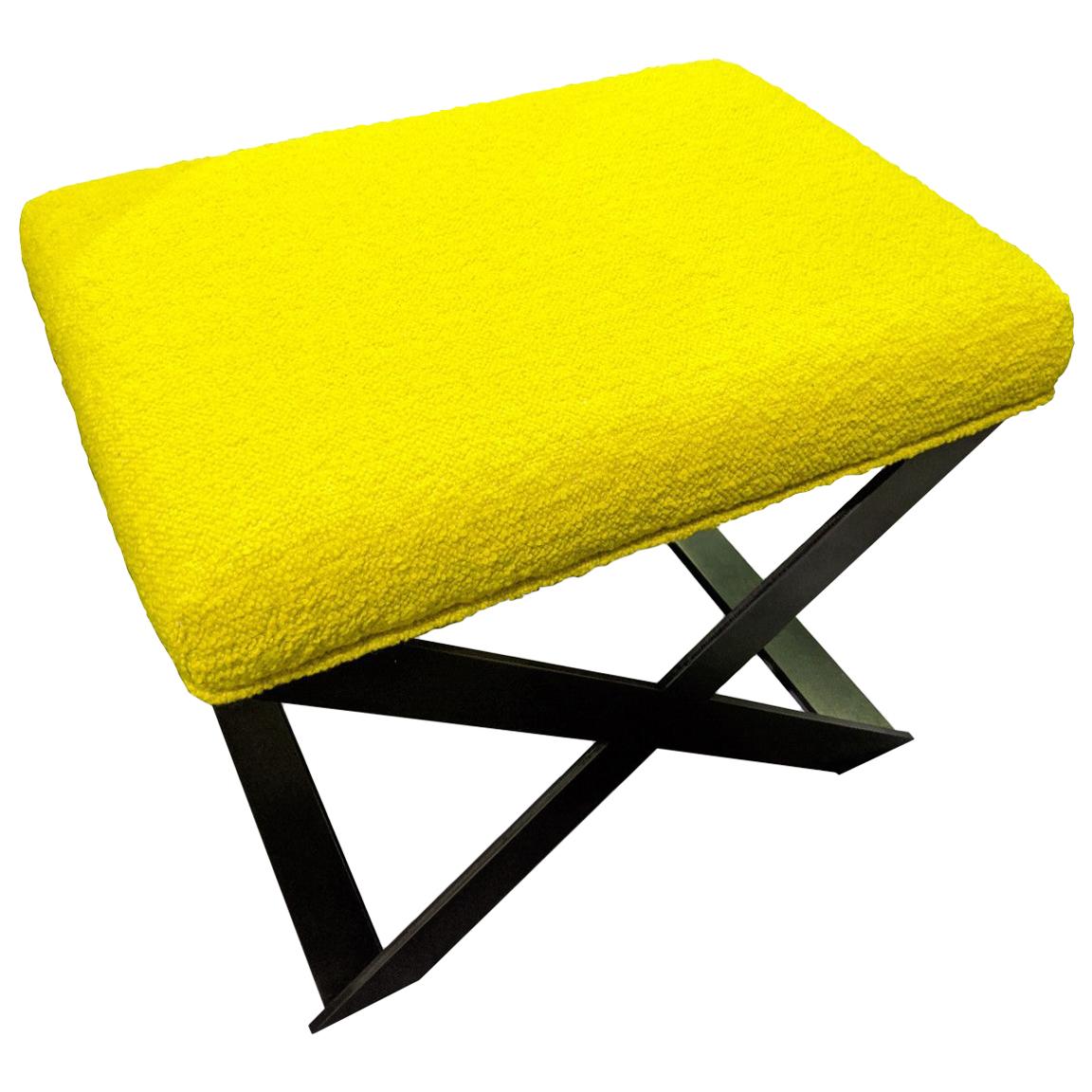 Custom Made Industrial Glamour X-Leg Stool Blackened Steel and Yellow Boucle For Sale