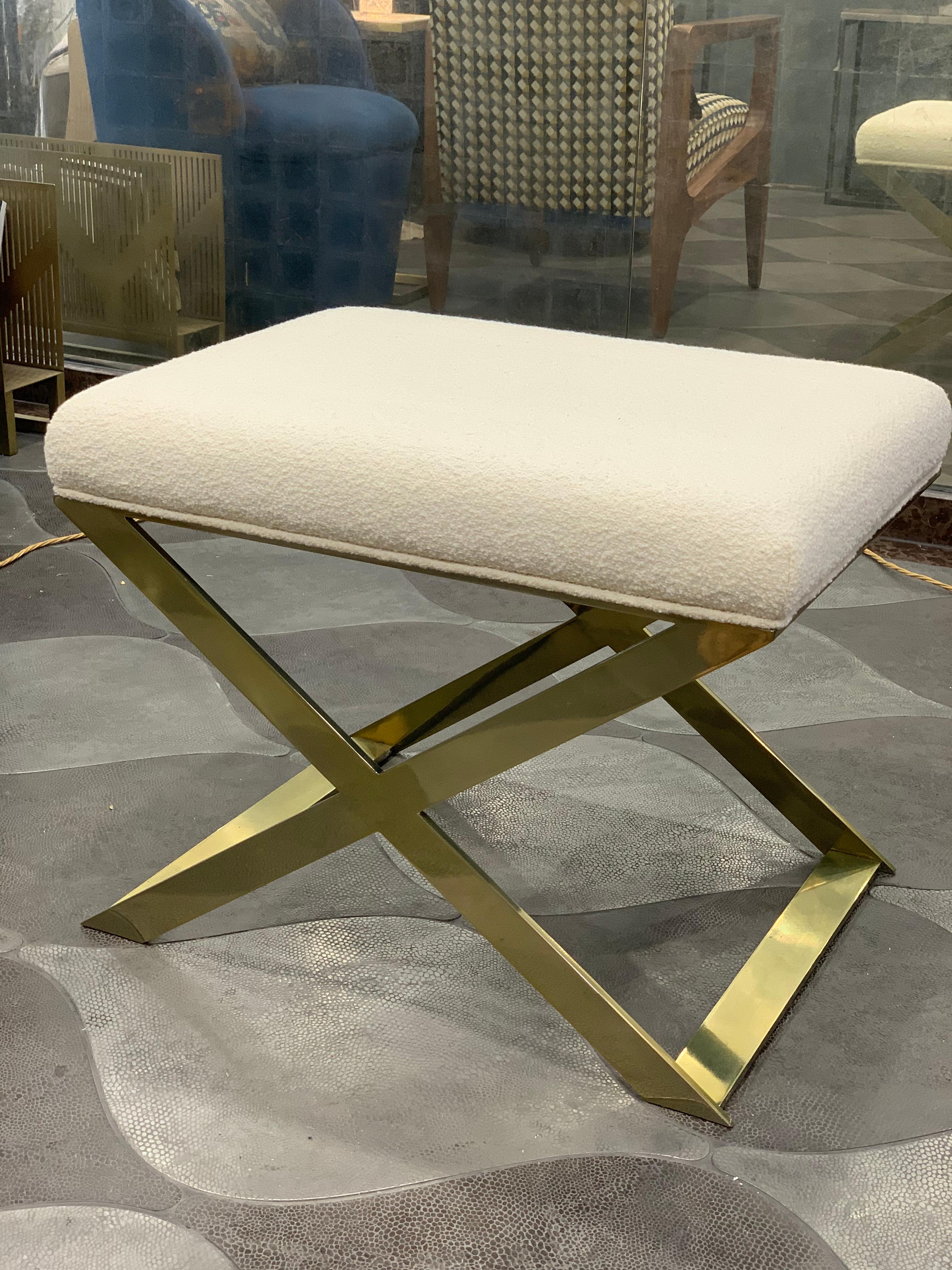 British Custom Made Industrial Glamour X-Leg Stool in Brass Plated and Ivory Boucle For Sale