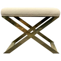 Custom Made Industrial Glamour X-Leg Stool in Brass Plated and Ivory Boucle