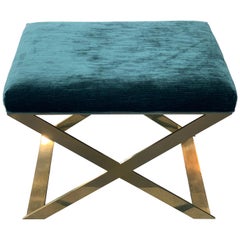 Industrial Glamour X-Leg Stool in Polished Brass plated and Teal Ribbed Velvet