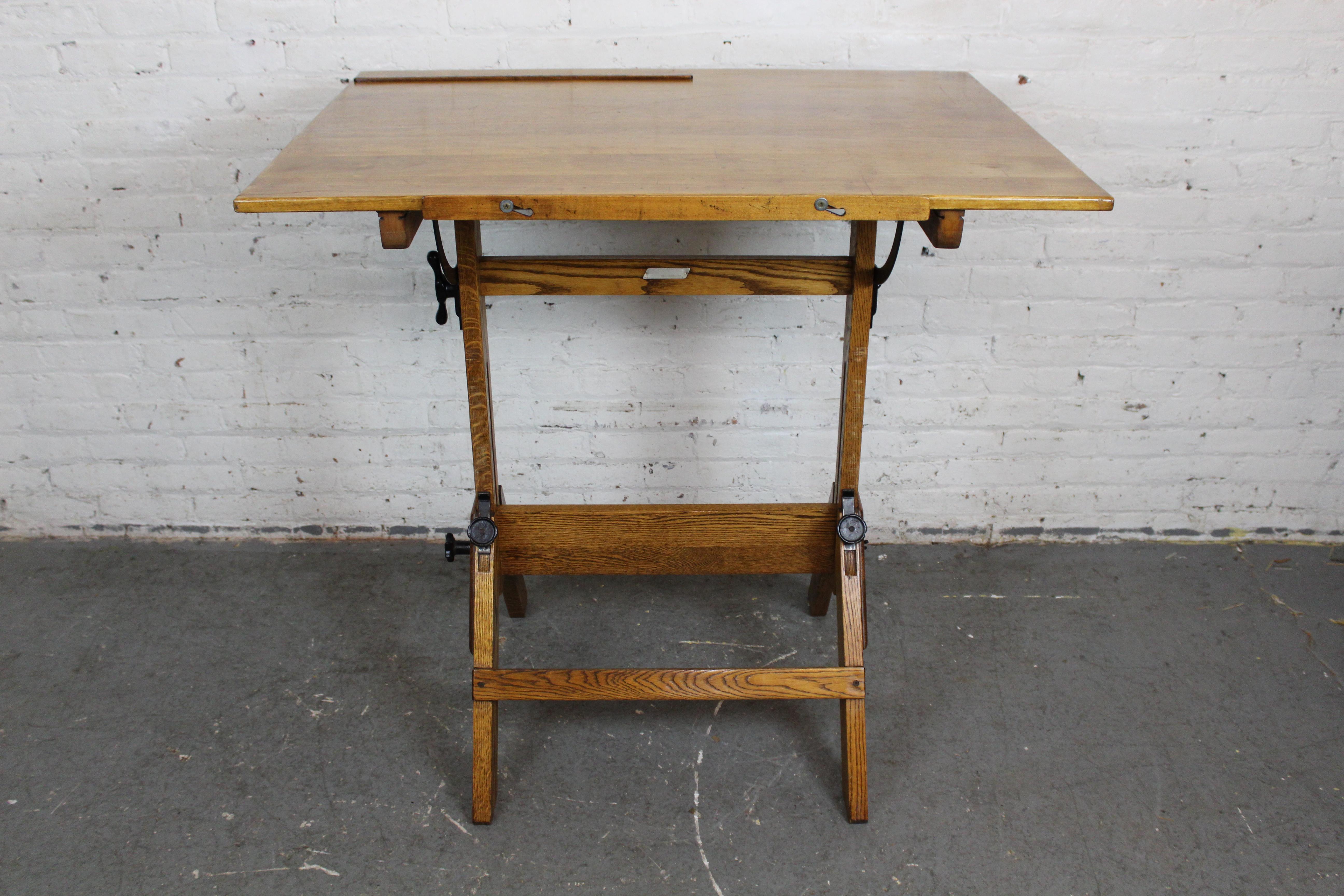 Cast Industrial Golden Oak Drafting Table by Hamilton Manufacturing Co.
