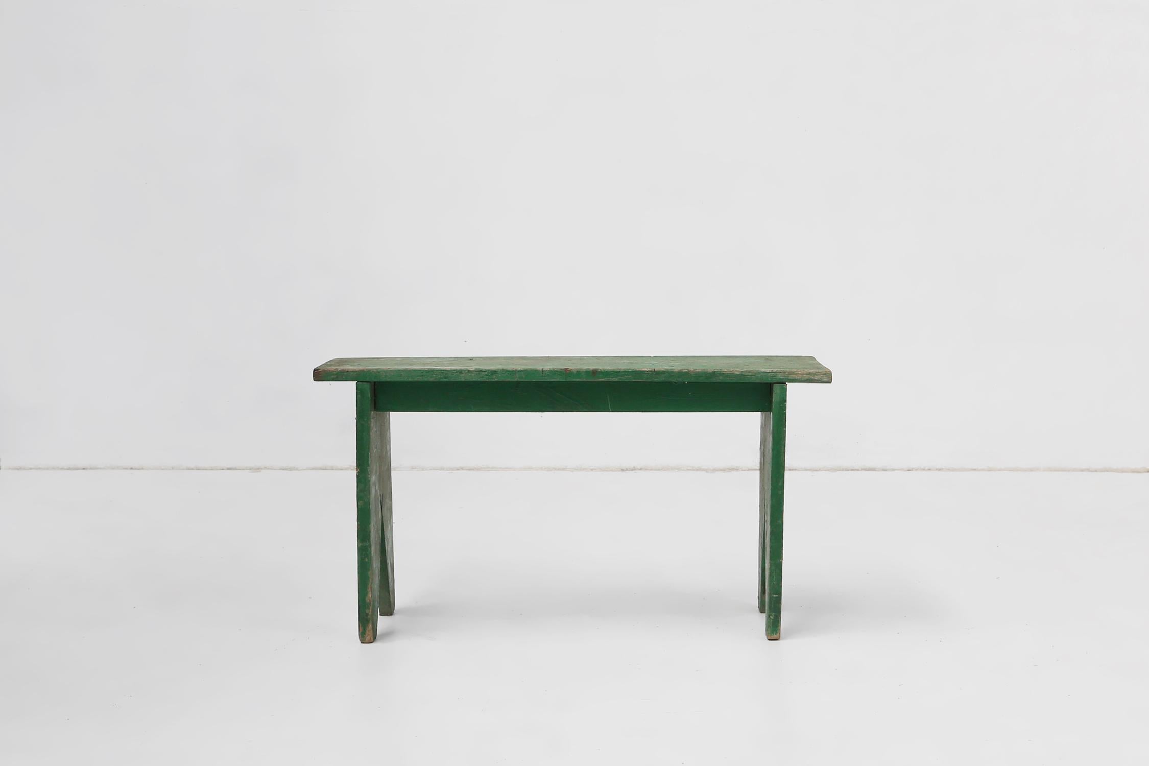 French Industrial green bench with V-cut legs, France ca. 1900