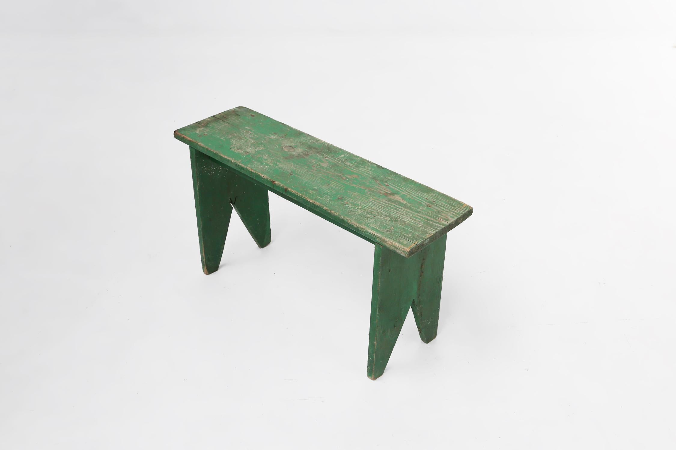 Early 20th Century Industrial green bench with V-cut legs, France ca. 1900