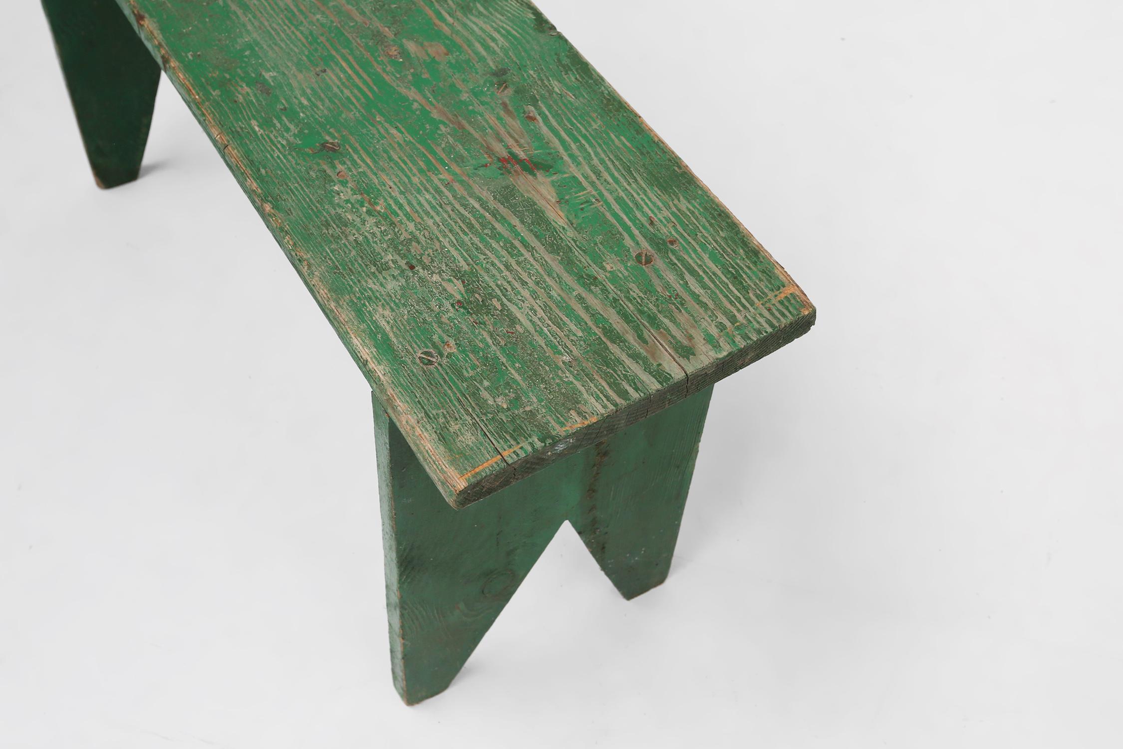 Wood Industrial green bench with V-cut legs, France ca. 1900