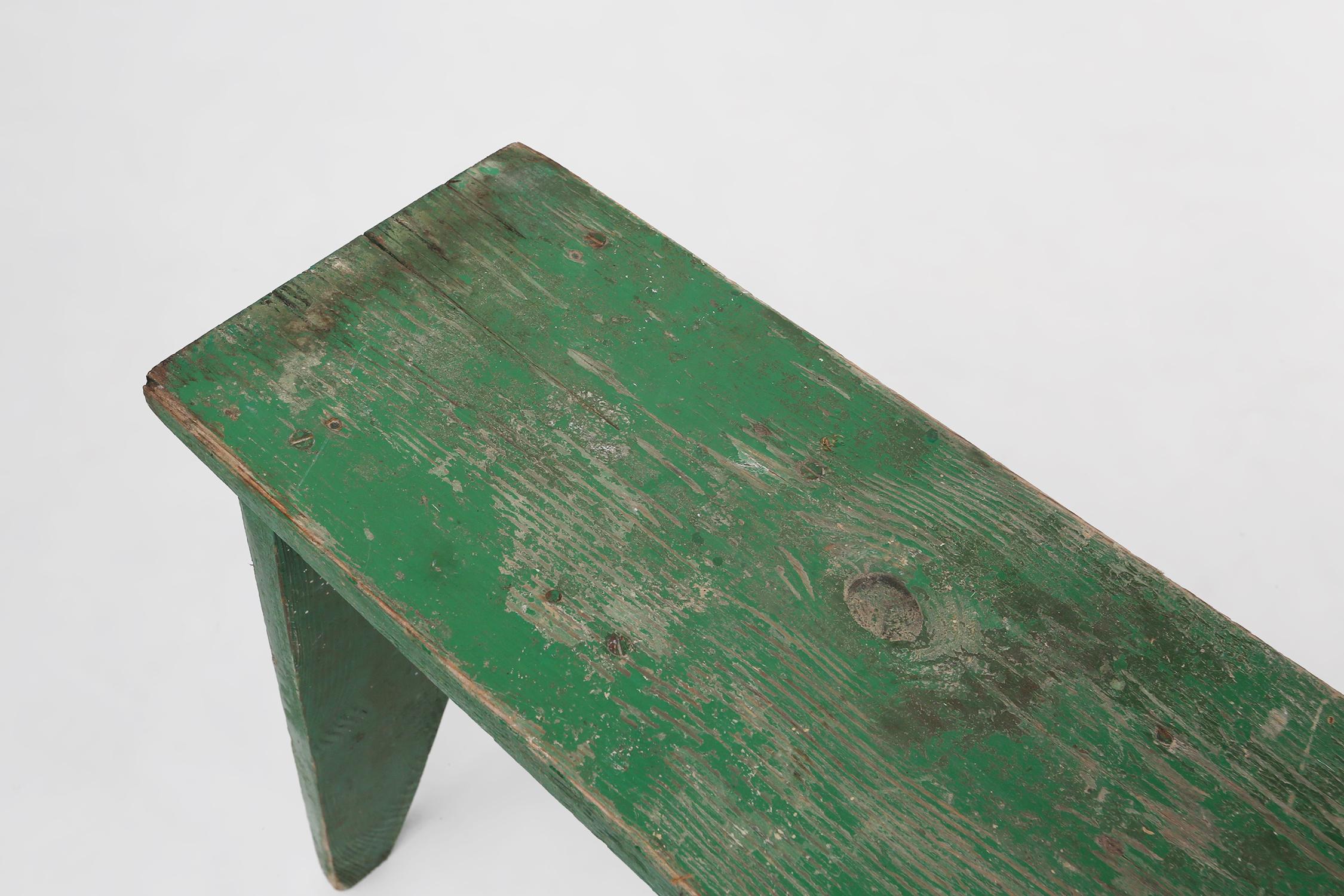 Industrial green bench with V-cut legs, France ca. 1900 1