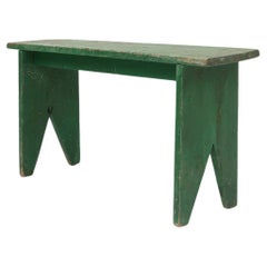 Antique Industrial green bench with V-cut legs, France ca. 1900
