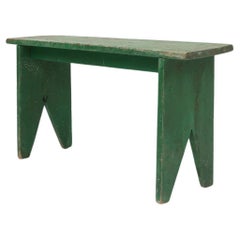 Industrial green bench with V-cut legs, France ca. 1900