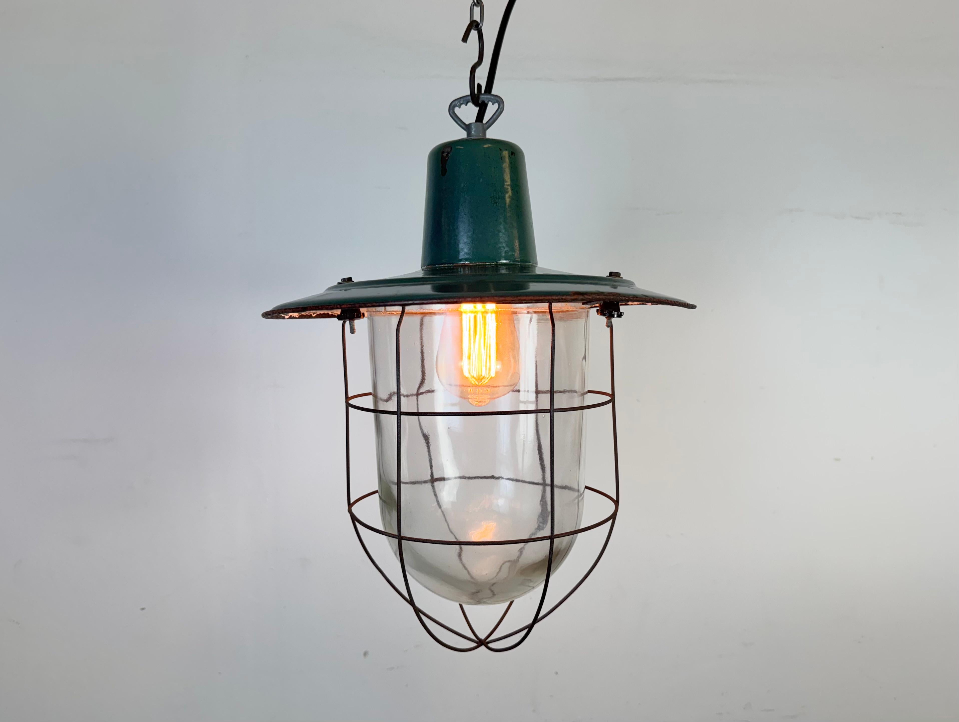 Industrial Green Enamel Cage Pendant Light, 1960s For Sale 5
