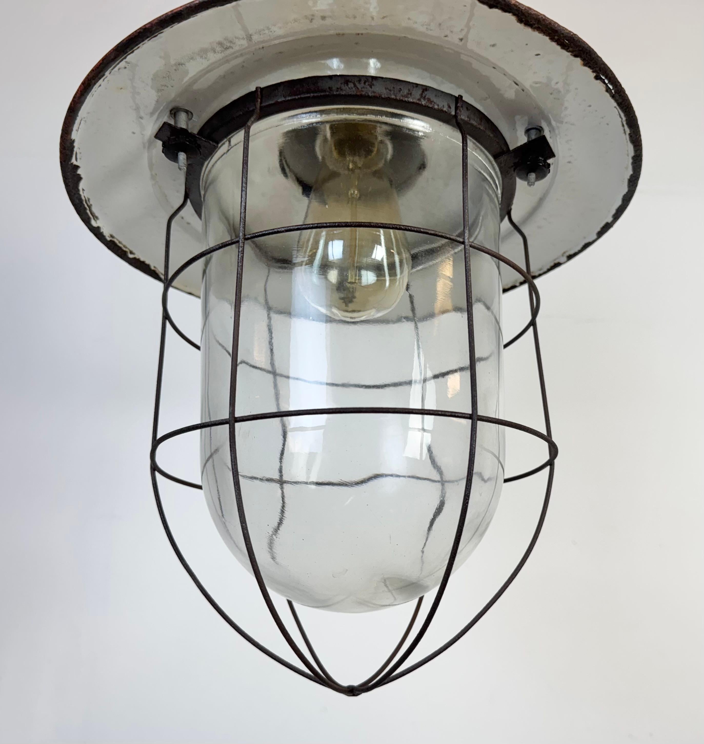 Polish Industrial Green Enamel Cage Pendant Light, 1960s For Sale