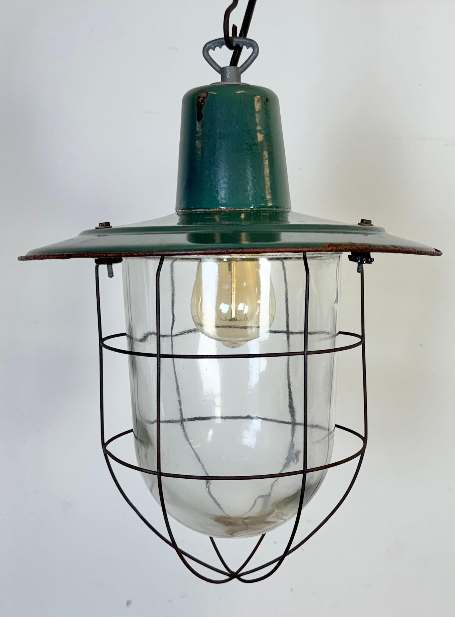20th Century Industrial Green Enamel Cage Pendant Light, 1960s For Sale