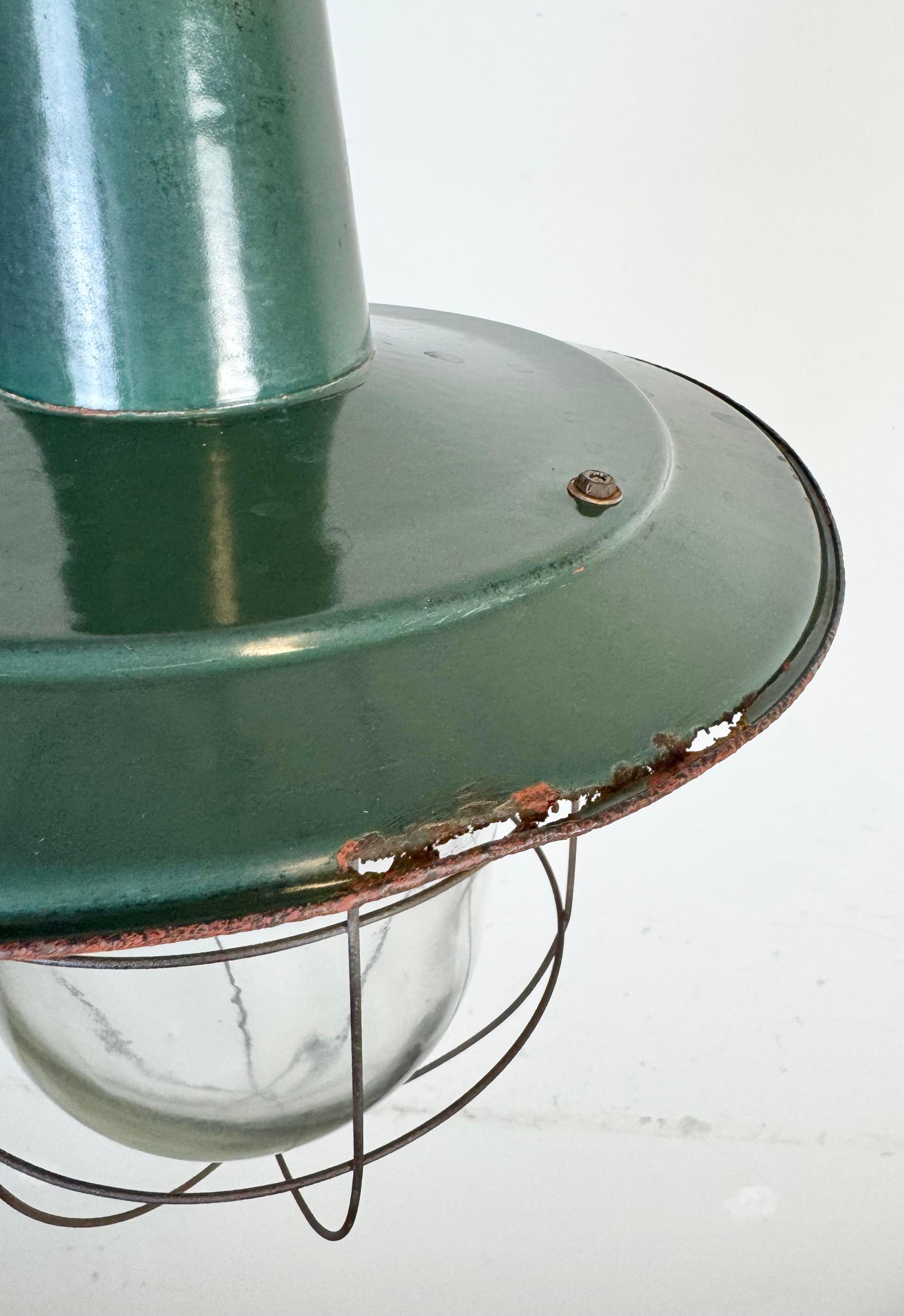 Industrial Green Enamel Cage Pendant Light, 1960s For Sale 1