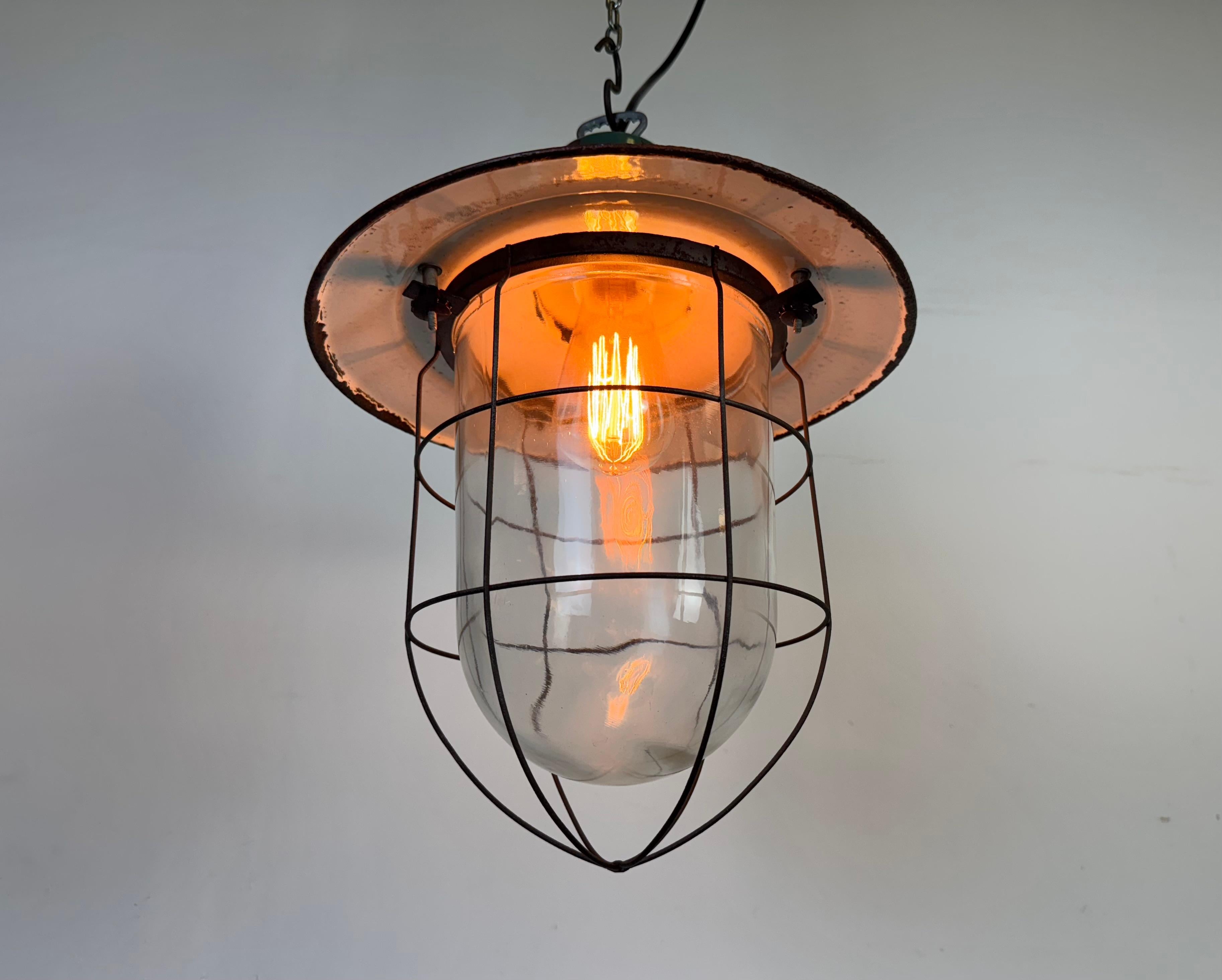 Industrial Green Enamel Cage Pendant Light, 1960s For Sale 4