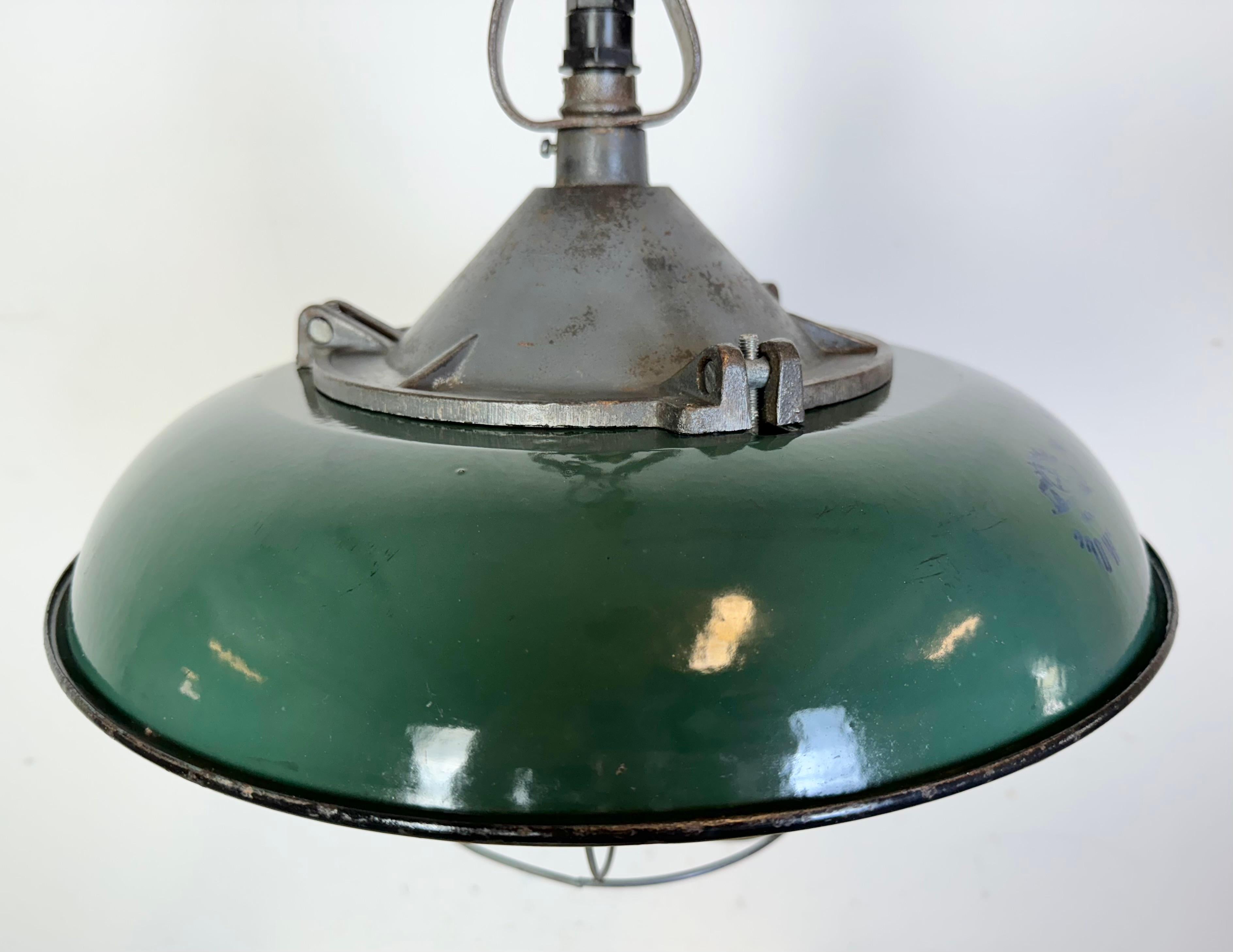 Mid-20th Century Industrial Green Enamel Factory Cage Pendant Lamp in Cast Iron, 1960s For Sale