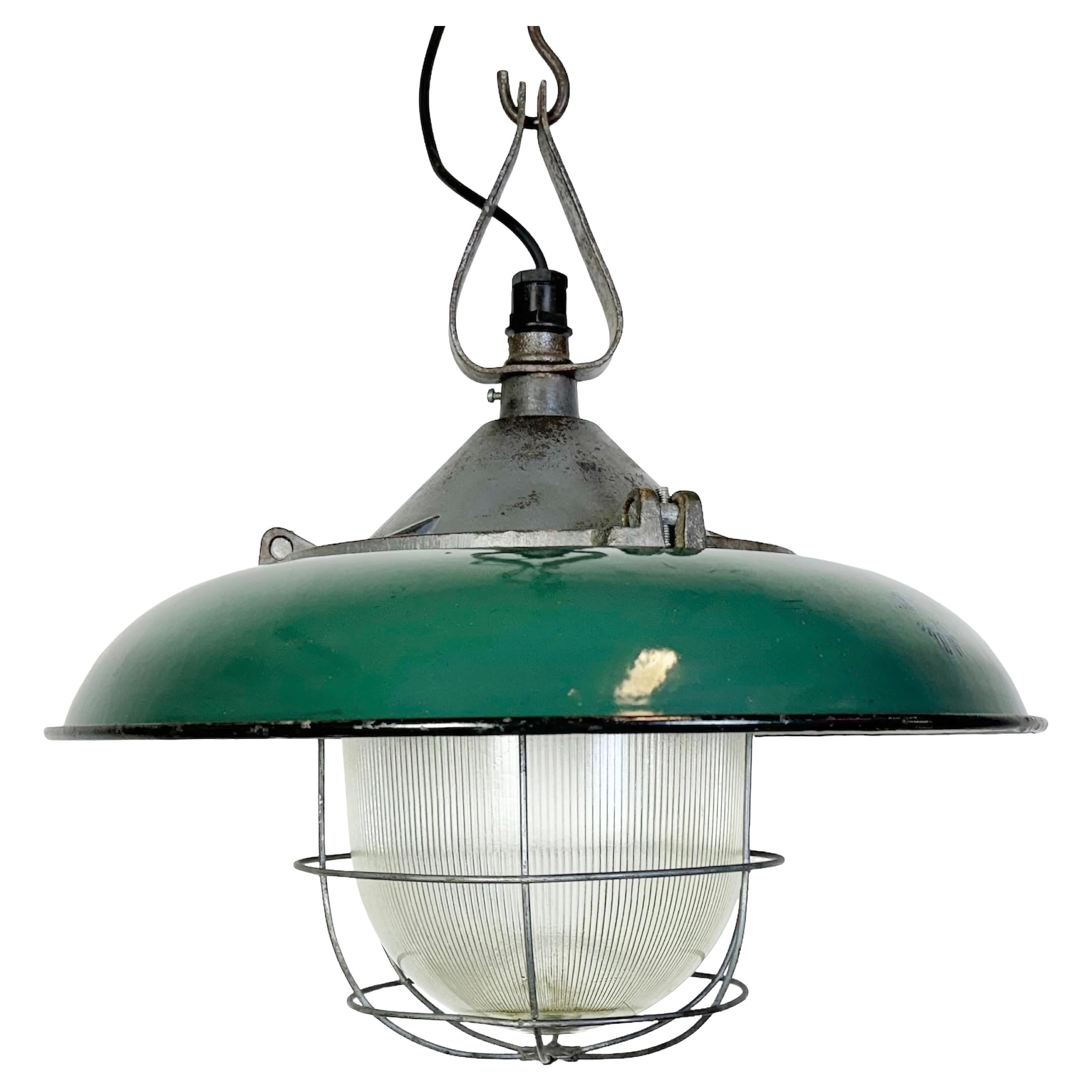 Industrial Green Enamel Factory Cage Pendant Lamp in Cast Iron, 1960s