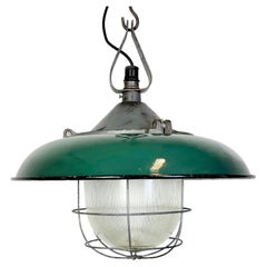 Industrial Green Enamel Factory Cage Pendant Lamp in Cast Iron, 1960s