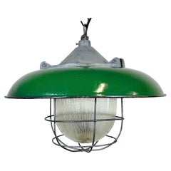 Industrial Green Enamel Factory Cage Pendant Lamp in Cast Iron from Zaos, 1960s