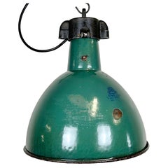 Industrial Green Enamel Factory Lamp with Cast Iron Top, 1960s