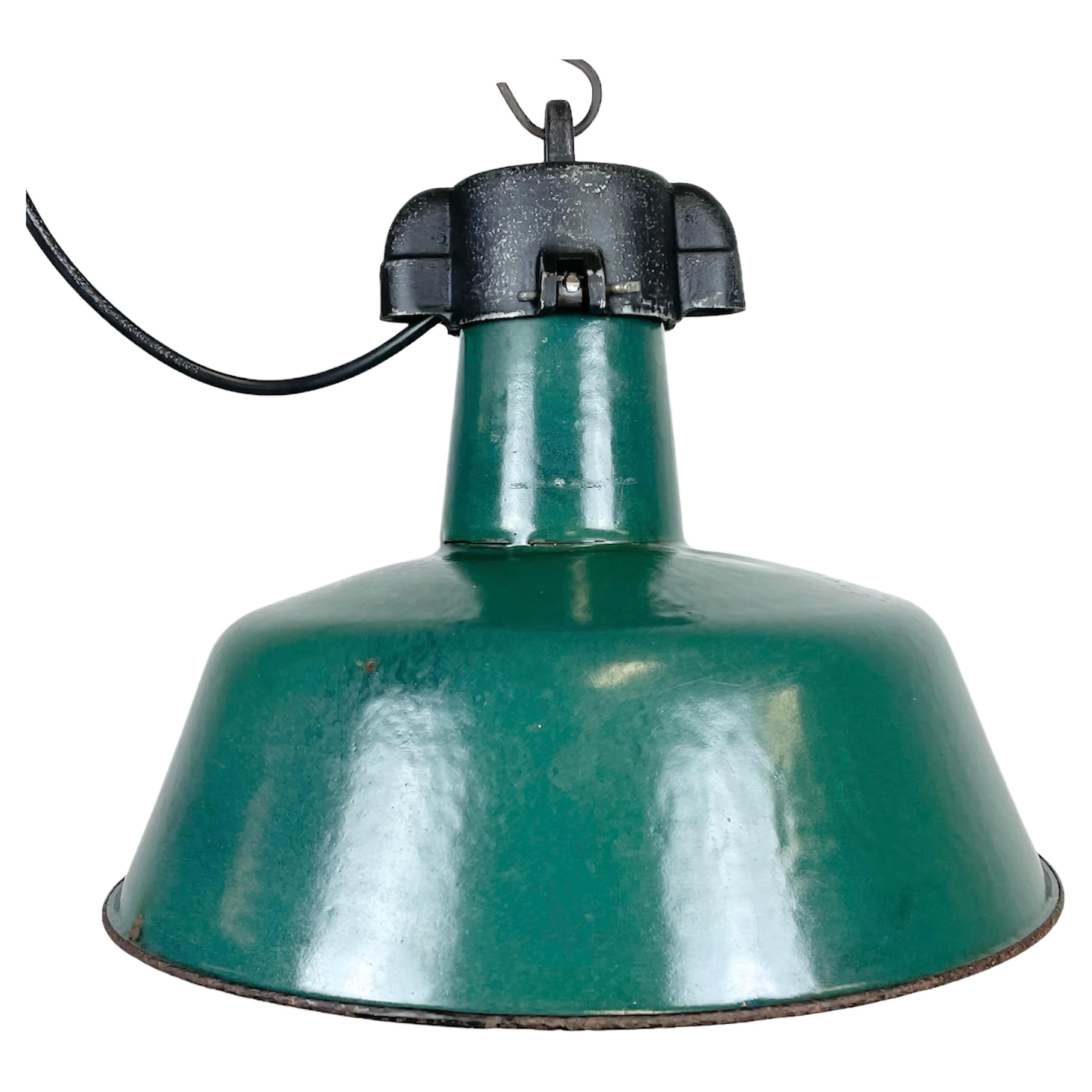 Industrial Green Enamel Factory Lamp with Cast Iron Top, 1960s For Sale