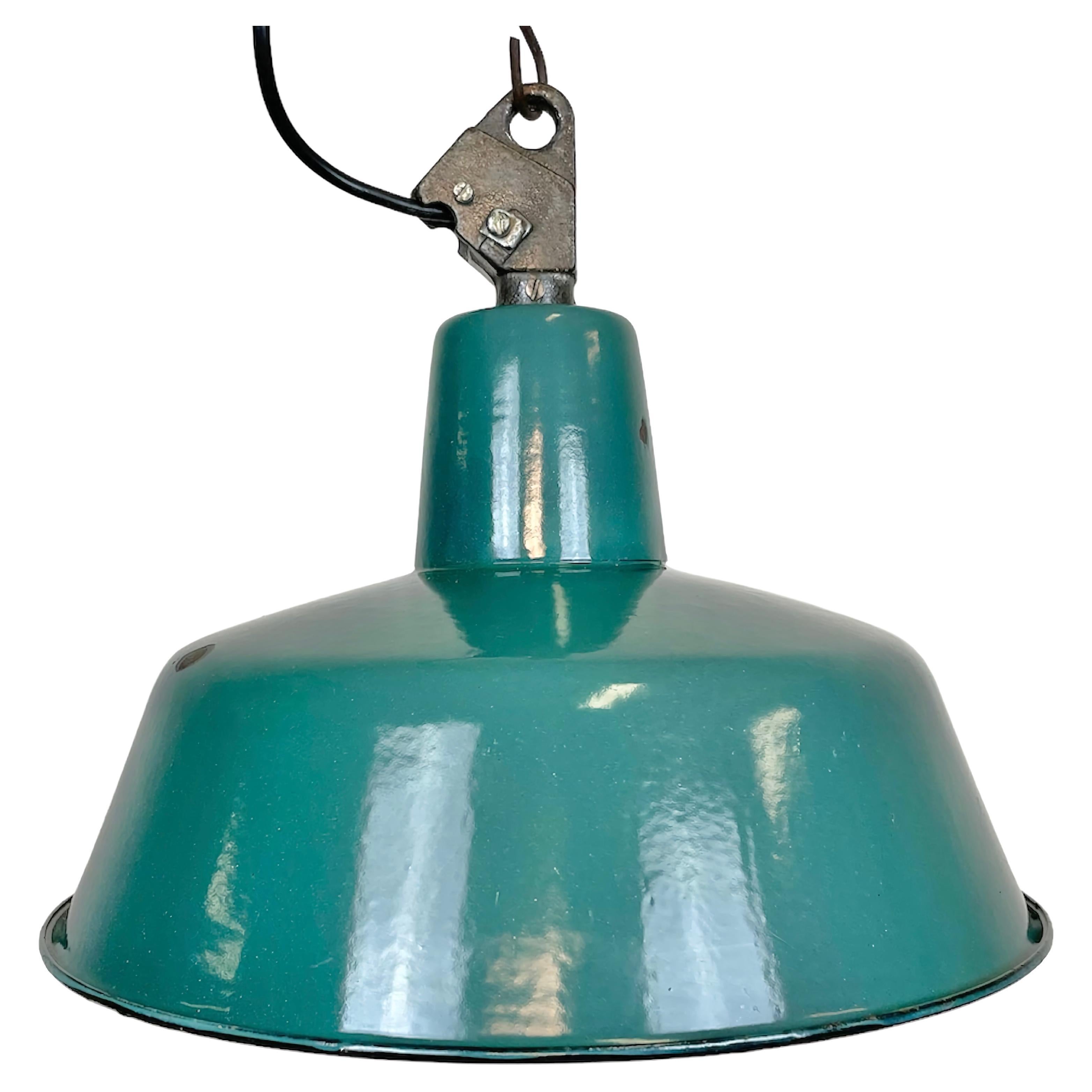Industrial Green Enamel Factory Lamp with Cast Iron Top, 1960s For Sale