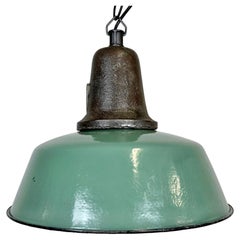 Vintage Industrial Green Enamel Factory Lamp with Cast Iron Top, 1960s