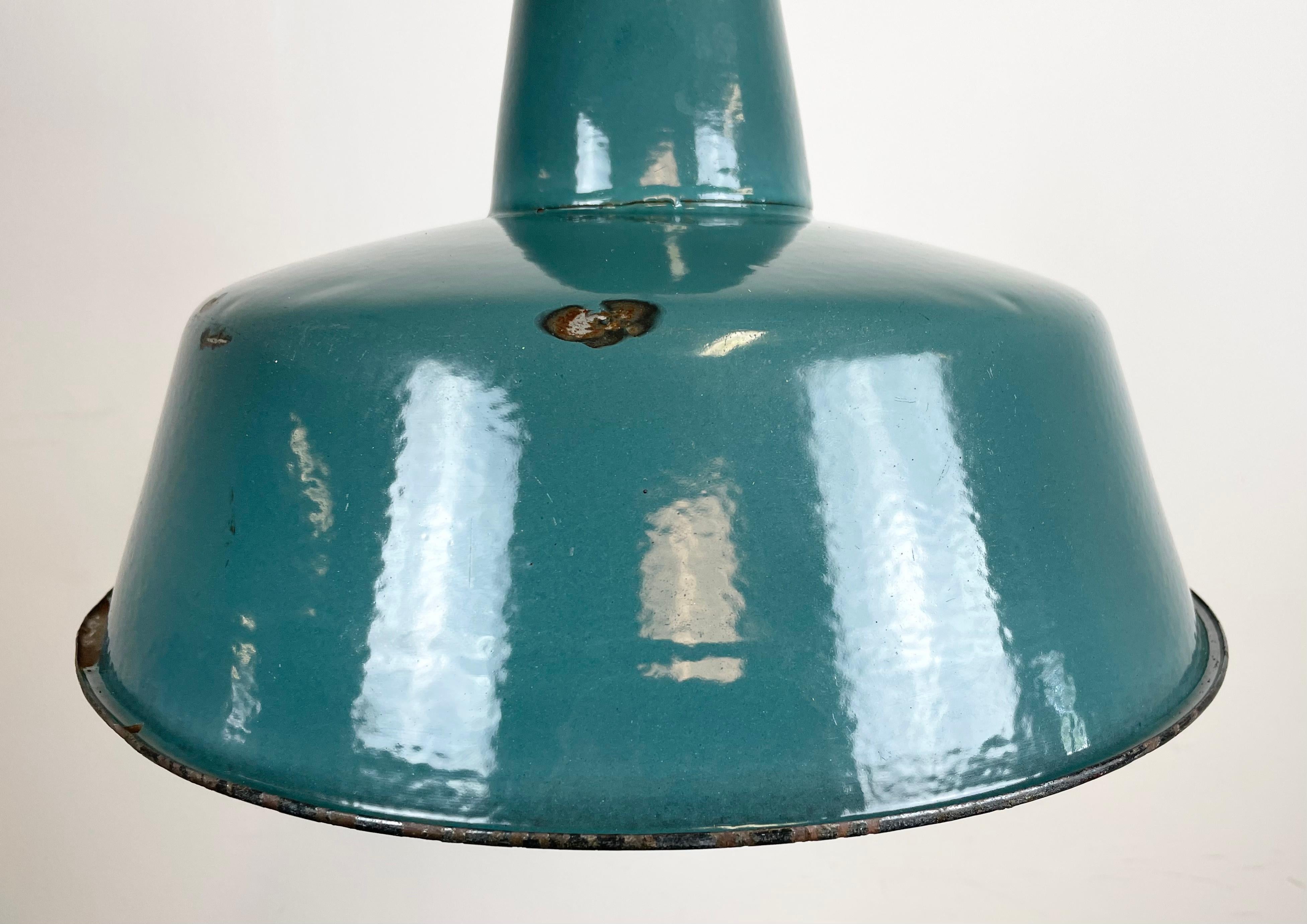  Industrial Green Enamel Factory Pendant Lamp, 1960s In Good Condition For Sale In Kojetice, CZ