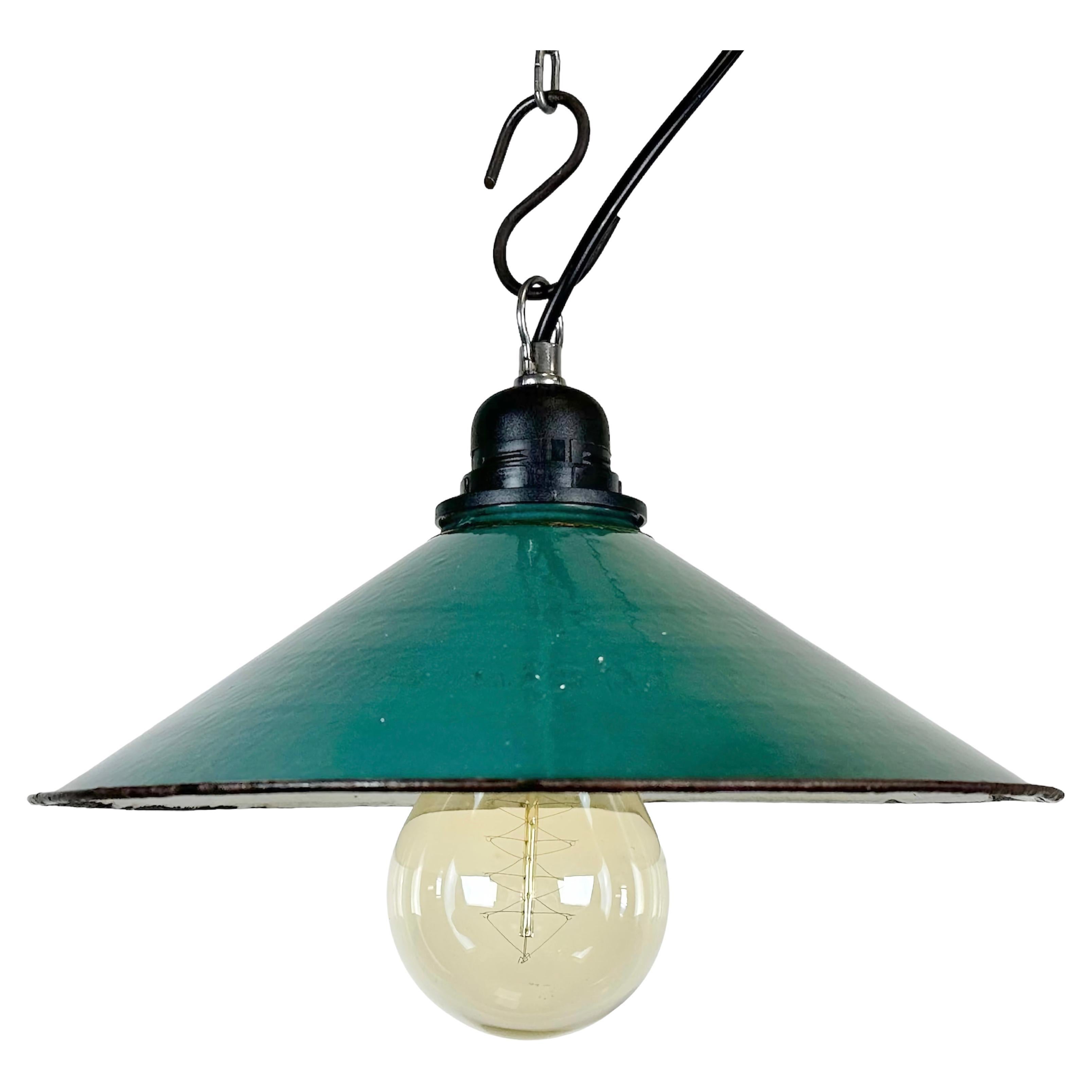 Industrial Green Enamel Factory Pendant Lamp, 1960s For Sale