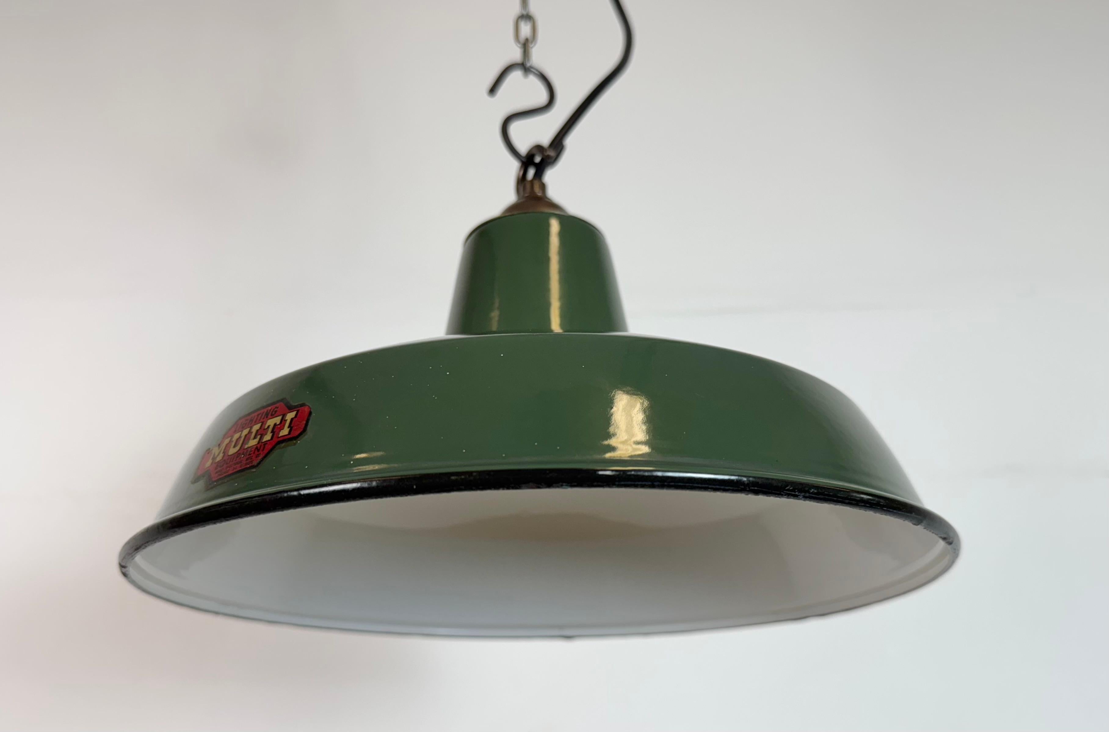 Brass Industrial Green Enamel Factory Pendant Lamp from Multi Electrical Co., 1960s For Sale