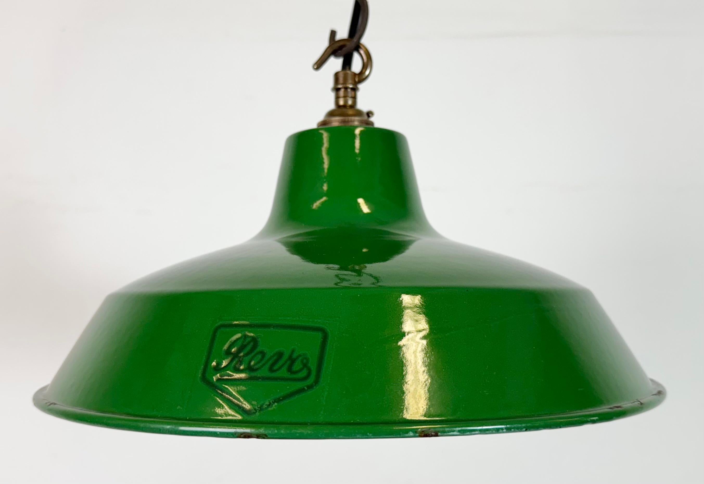 British Industrial Green Enamel Factory Pendant Lamp from Revo, 1950s For Sale