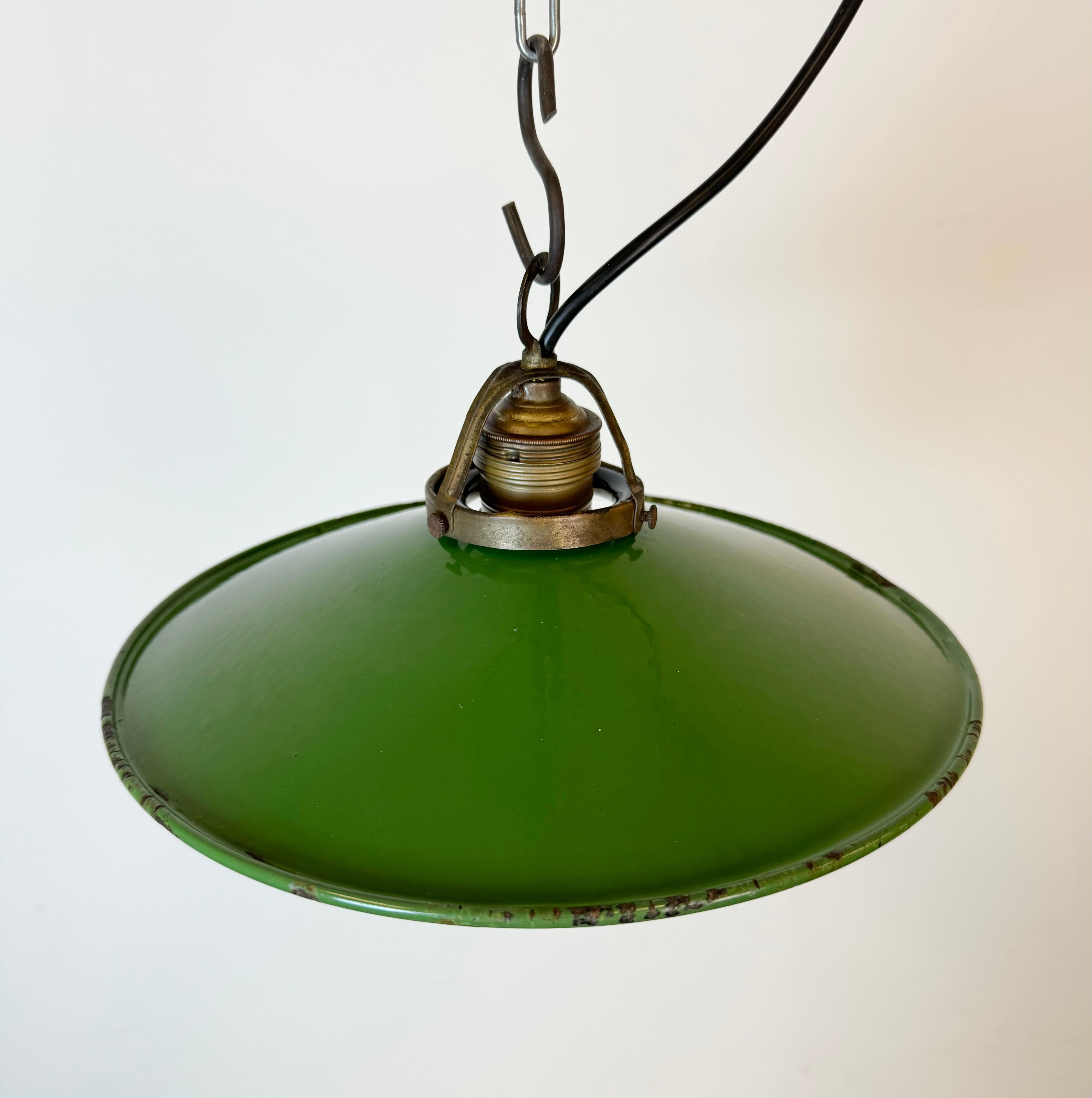 Brass Industrial Green Enamel Light, 1930s For Sale