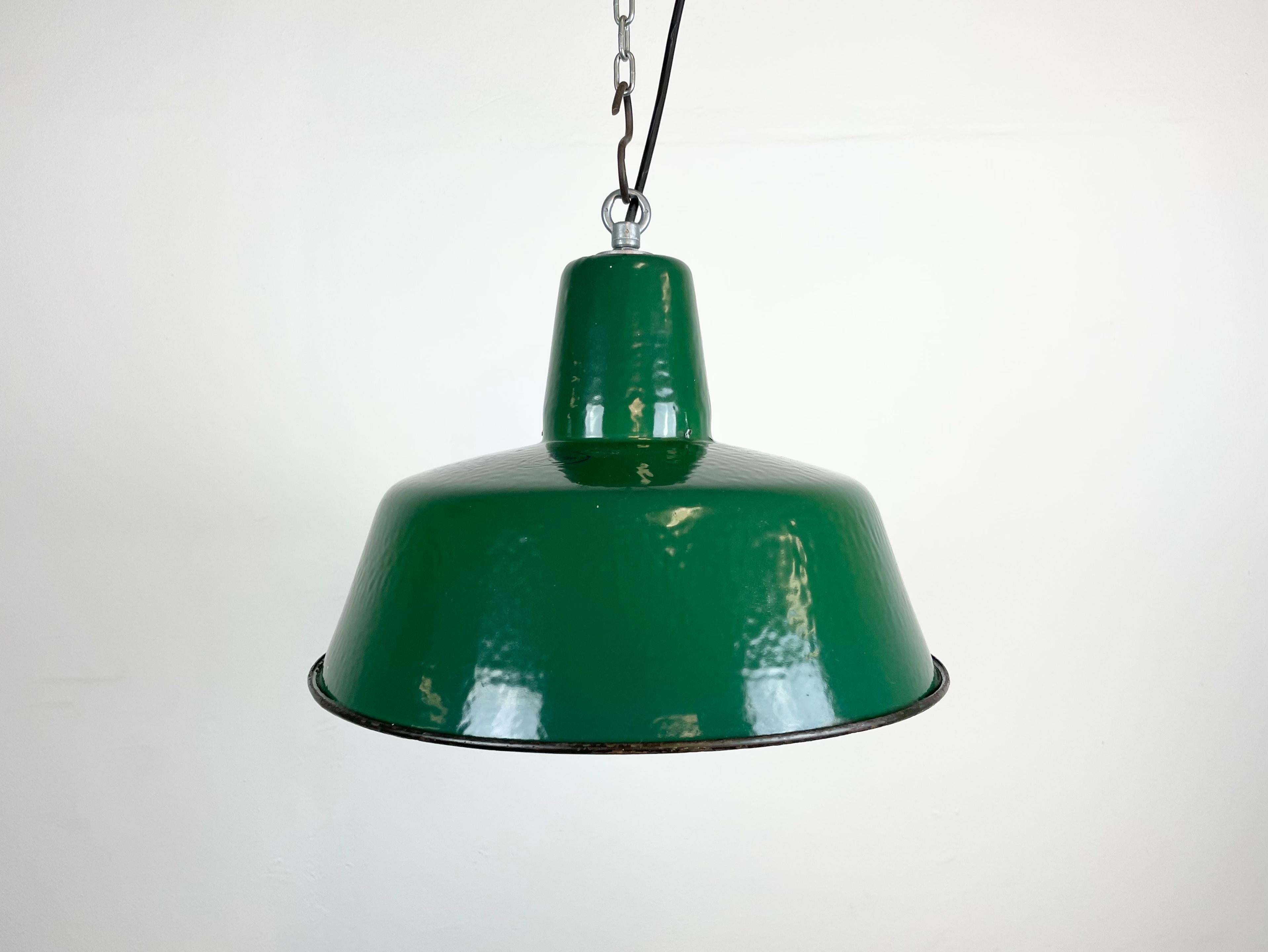 Polish Industrial Green Enamel Pendant Lamp, 1960s For Sale