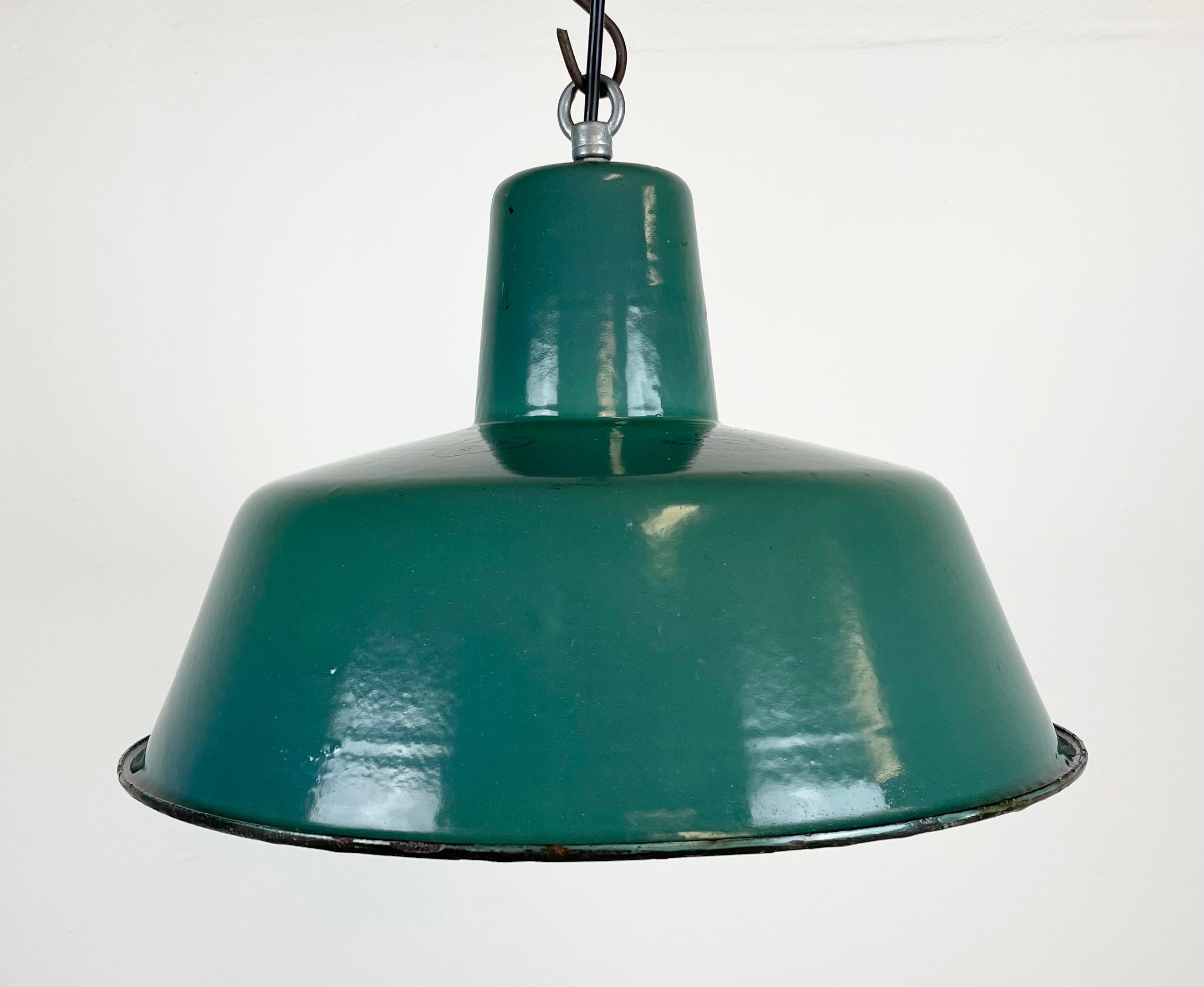 Polish Industrial Green Enamel Pendant Lamp, 1960s For Sale