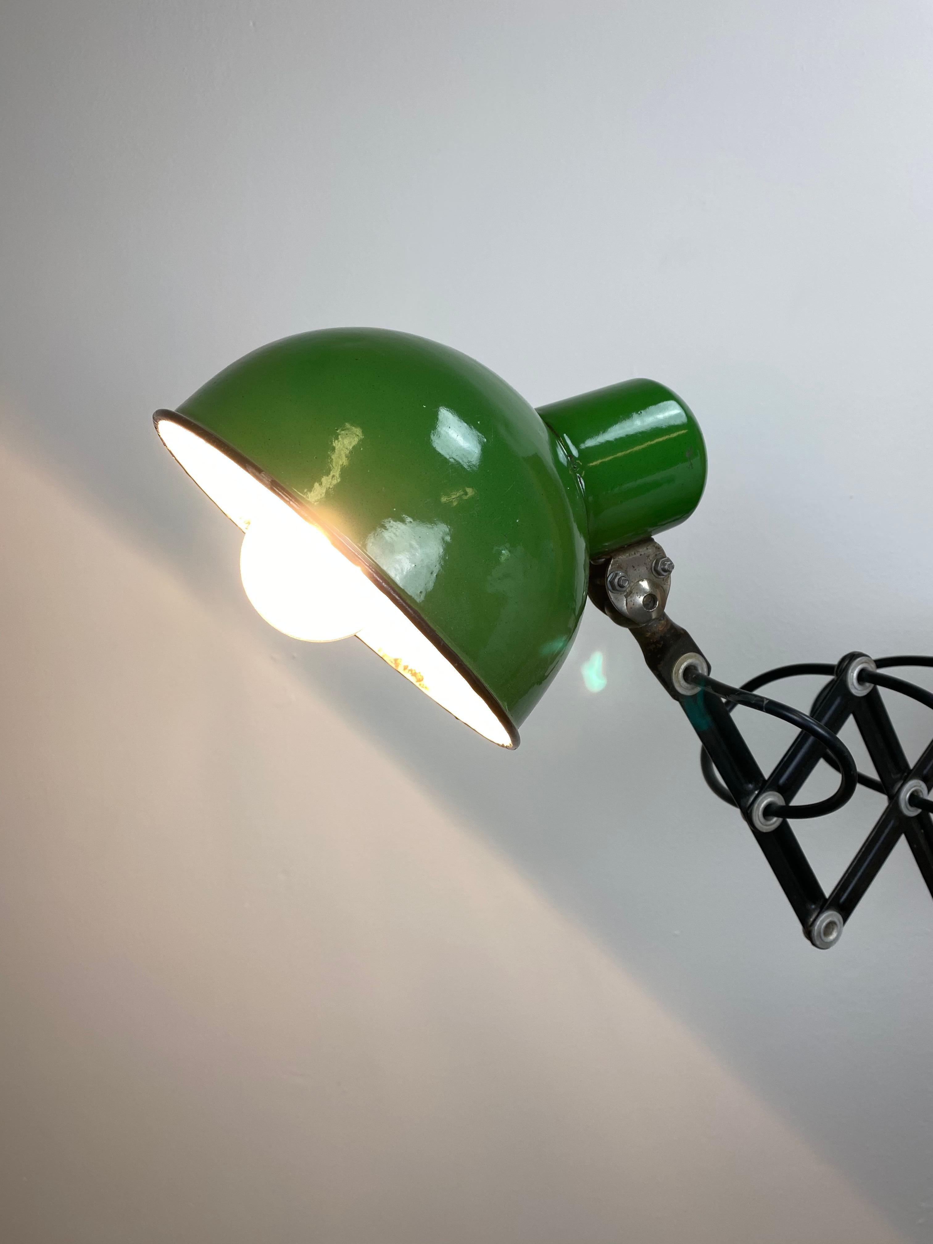 Industrial Green Enamel Scissor Wall Lamp, 1950s 3