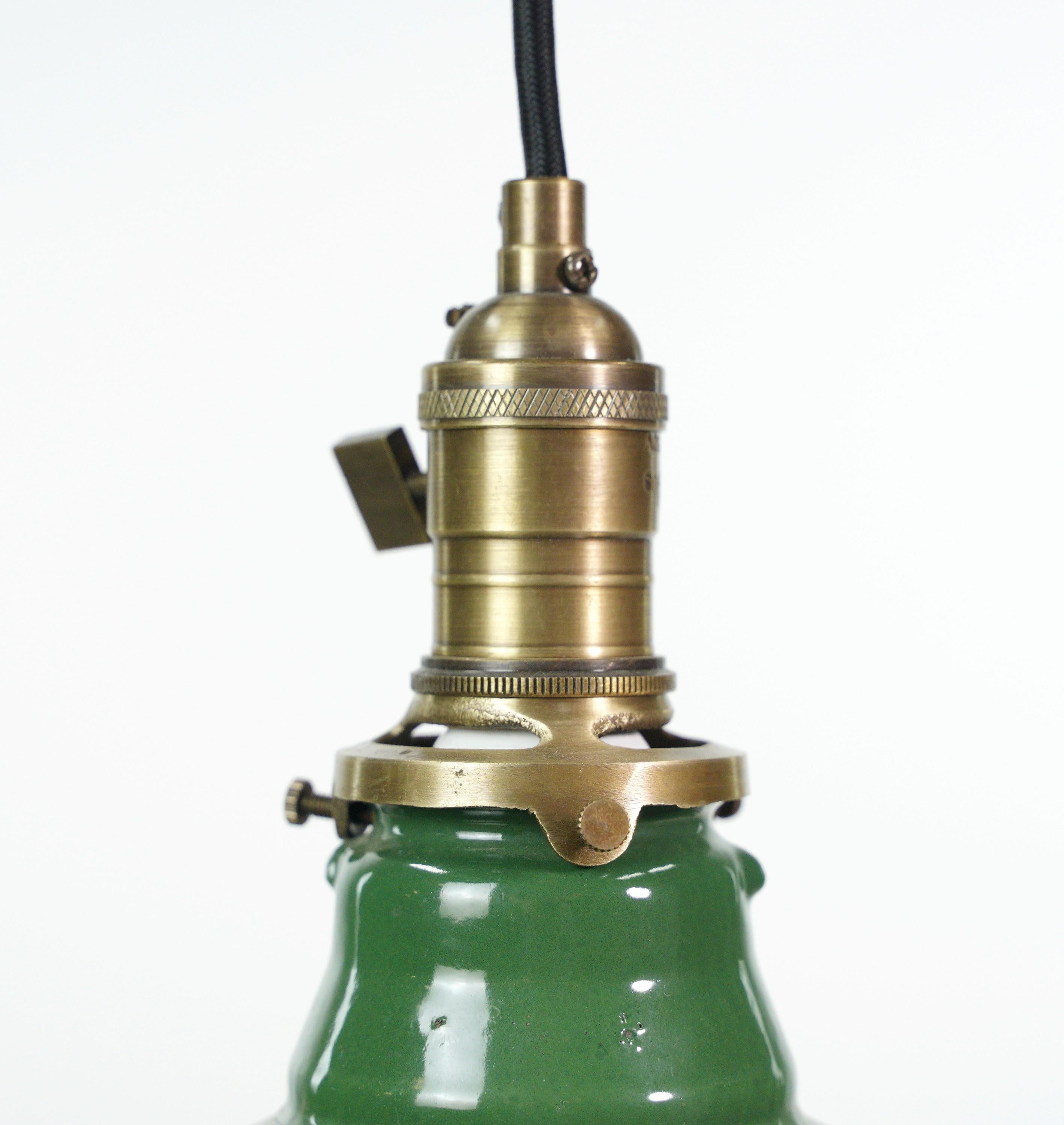 Industrial Green Enameled Steel Shade Pendant Light w  Black Cord In Good Condition For Sale In New York, NY