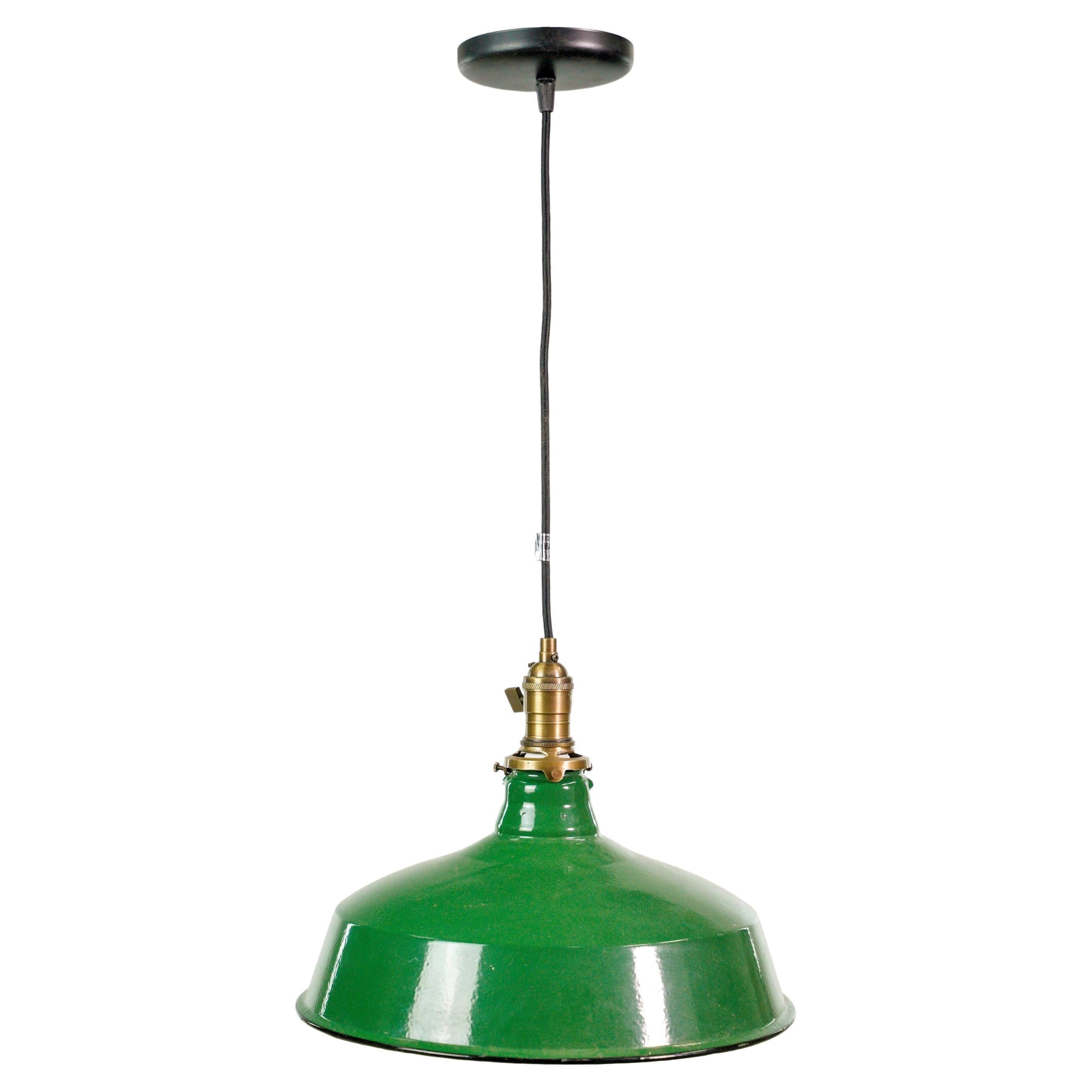 Industrial Green Enameled Steel Shade Pendant Light w  Black Cord For Sale