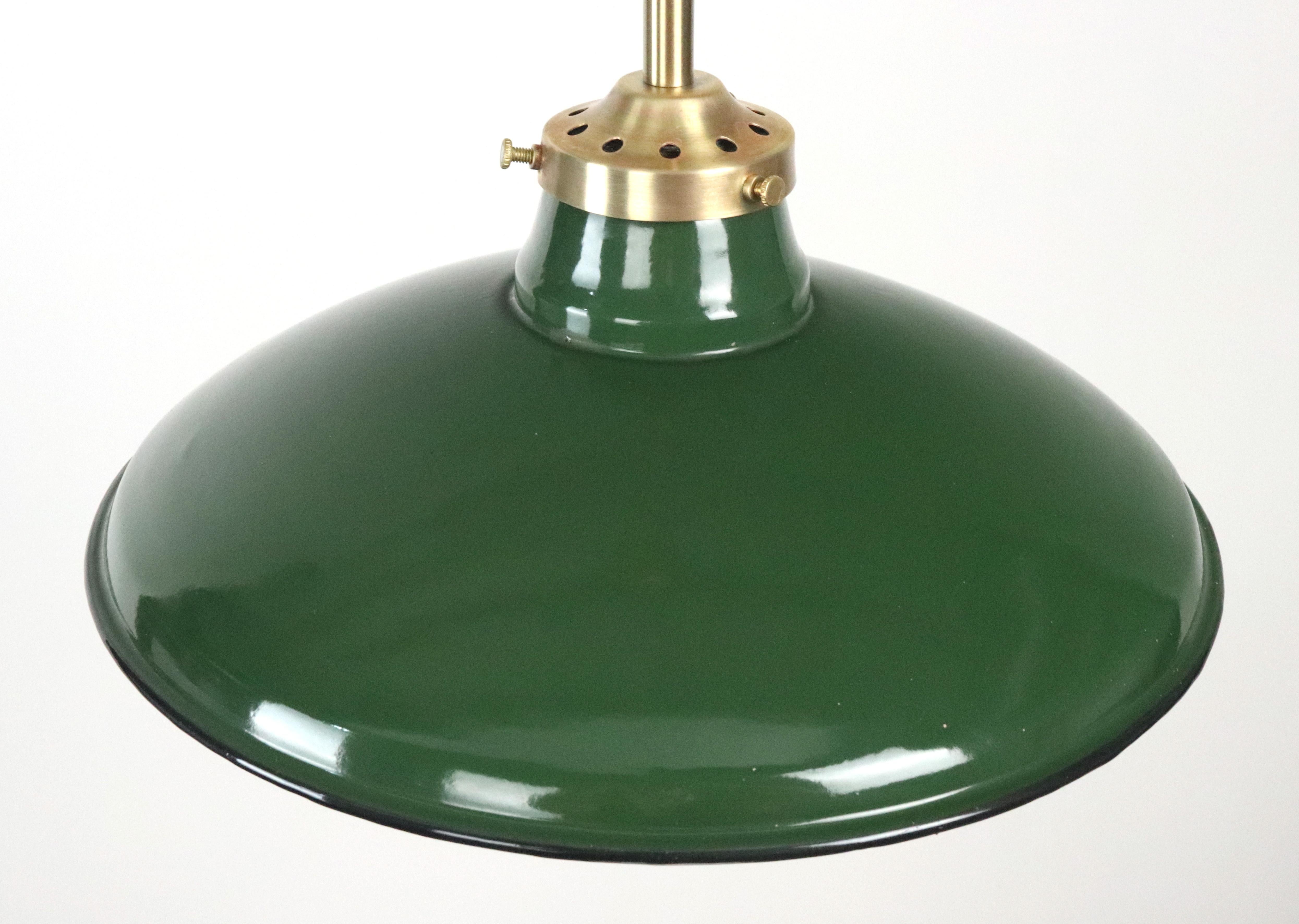 Industrial Green Steel Brushed Brass Pole Pendant Light 12 In. Dia. For Sale 5