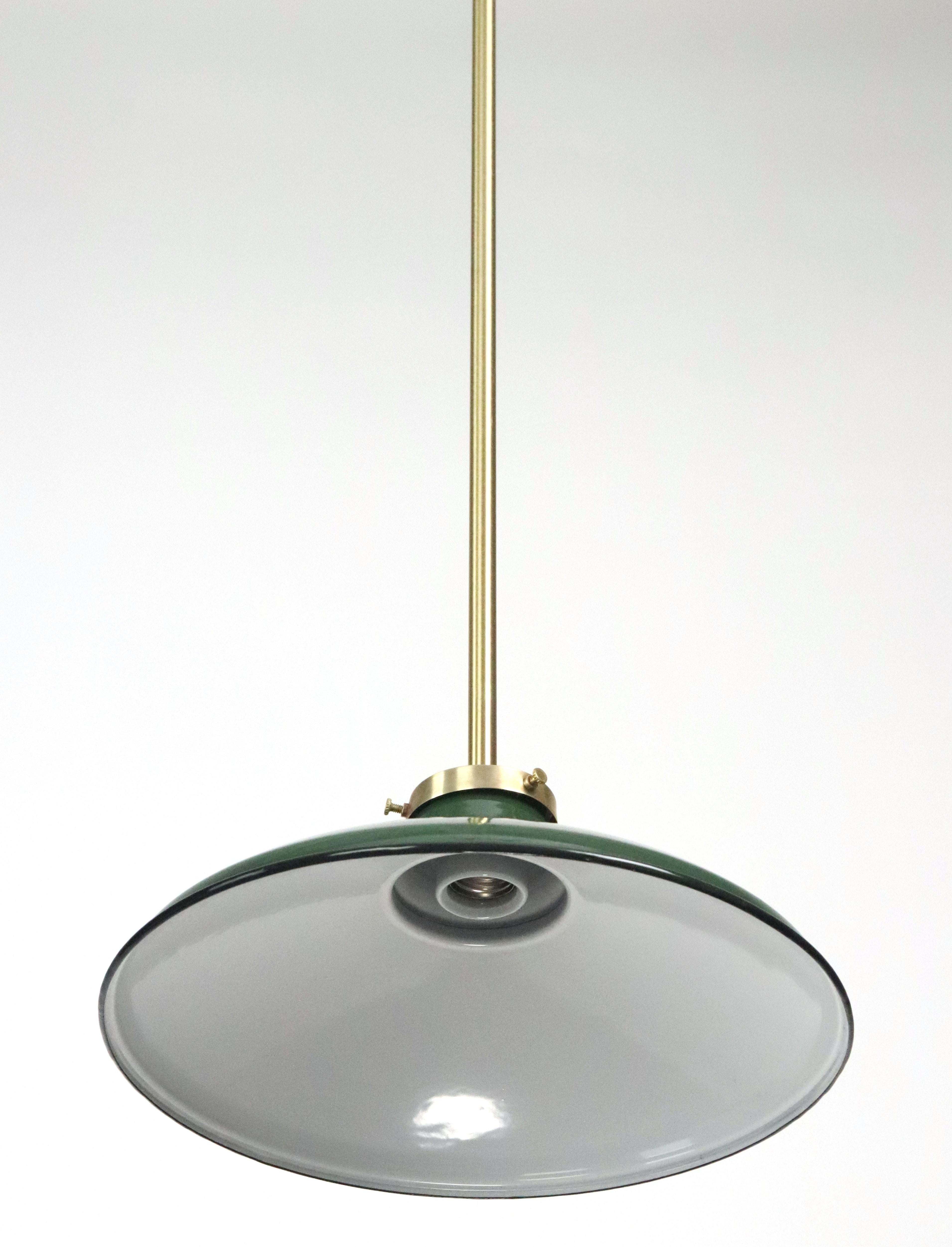 American Industrial Green Steel Brushed Brass Pole Pendant Light 12 In. Dia. For Sale