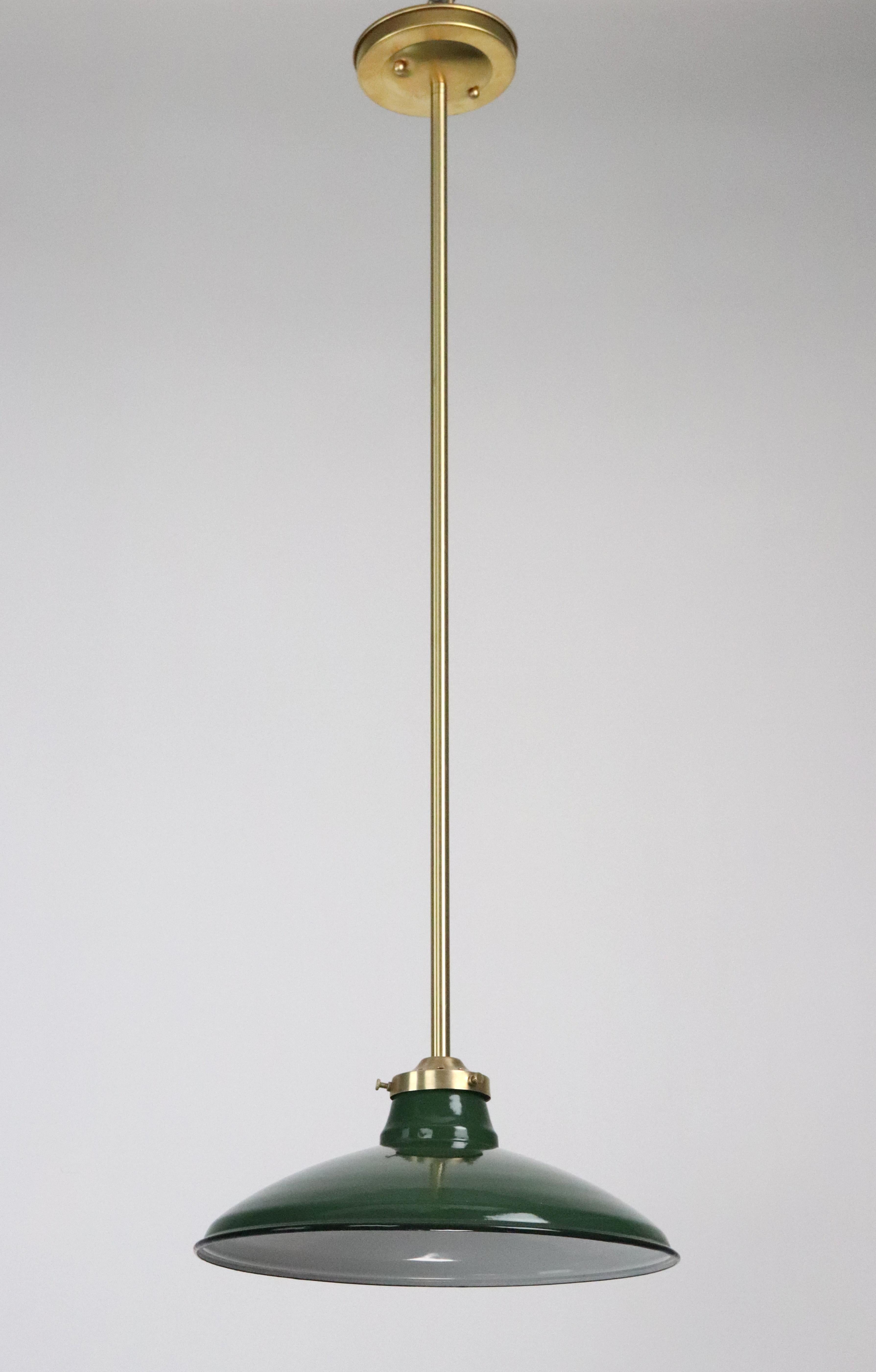 Industrial Green Steel Brushed Brass Pole Pendant Light 12 In. Dia. In Good Condition For Sale In New York, NY