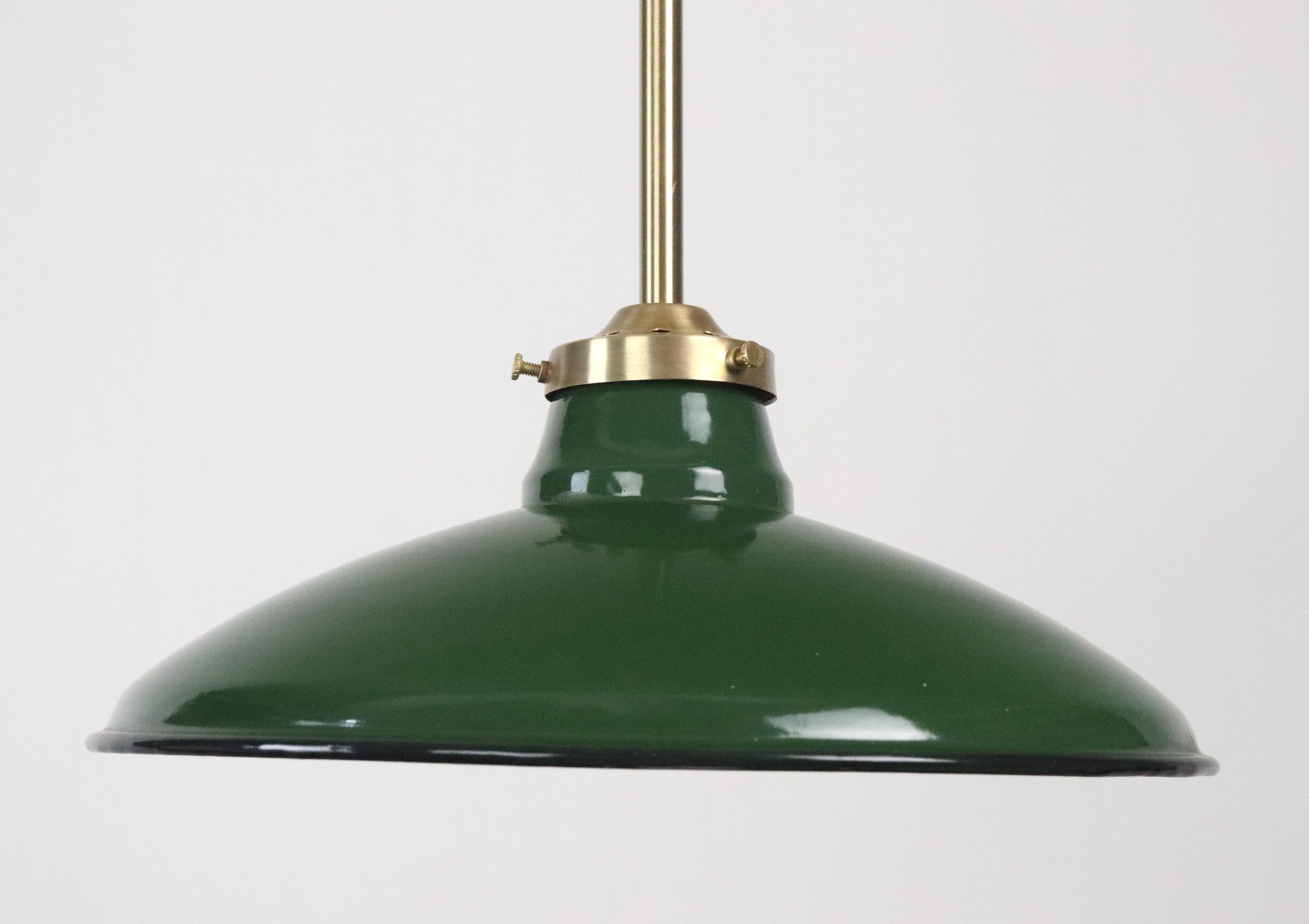 20th Century Industrial Green Steel Brushed Brass Pole Pendant Light 12 In. Dia. For Sale