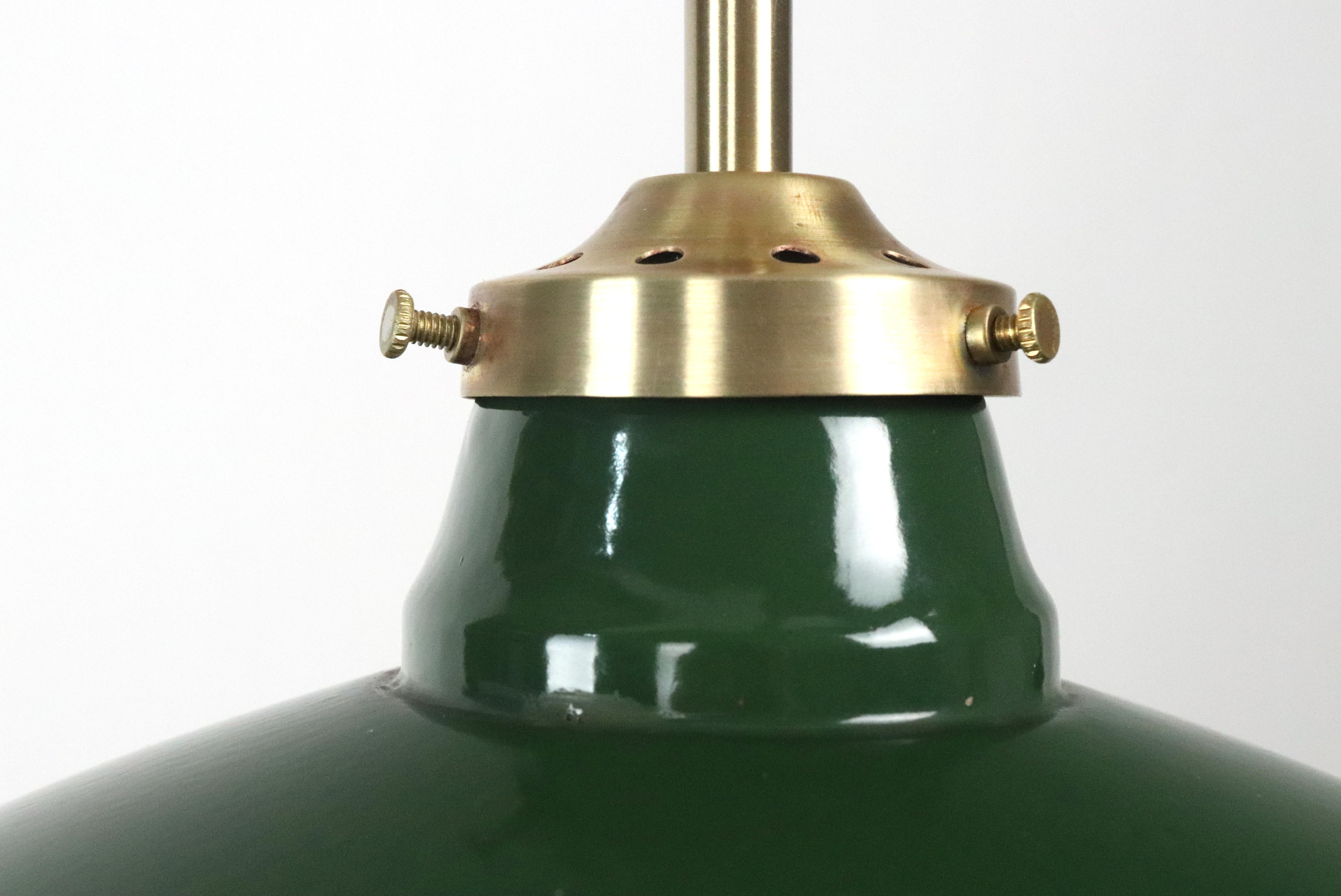 Enamel Industrial Green Steel Brushed Brass Pole Pendant Light 12 In. Dia. For Sale