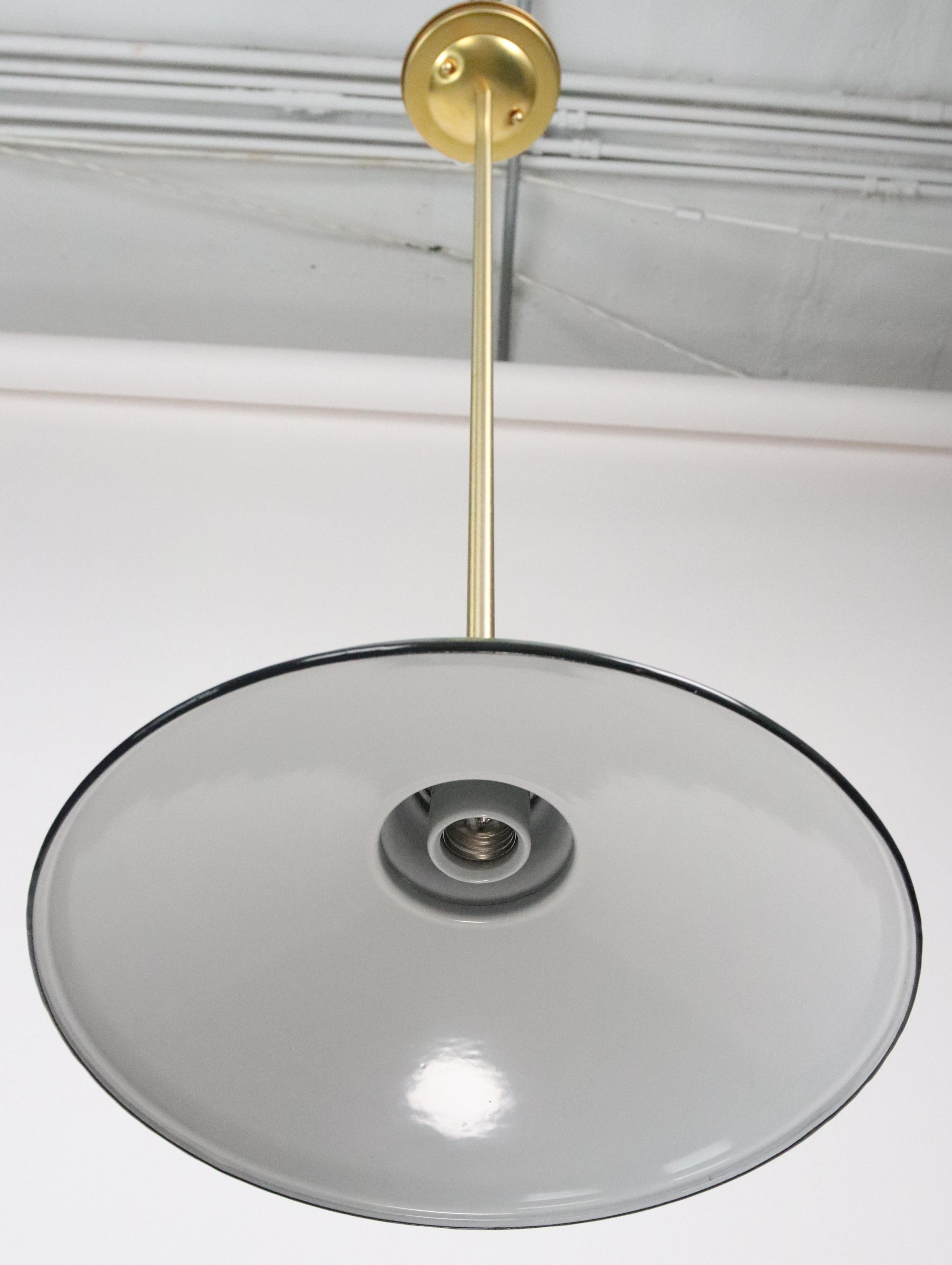 Industrial Green Steel Brushed Brass Pole Pendant Light 12 In. Dia. For Sale 2