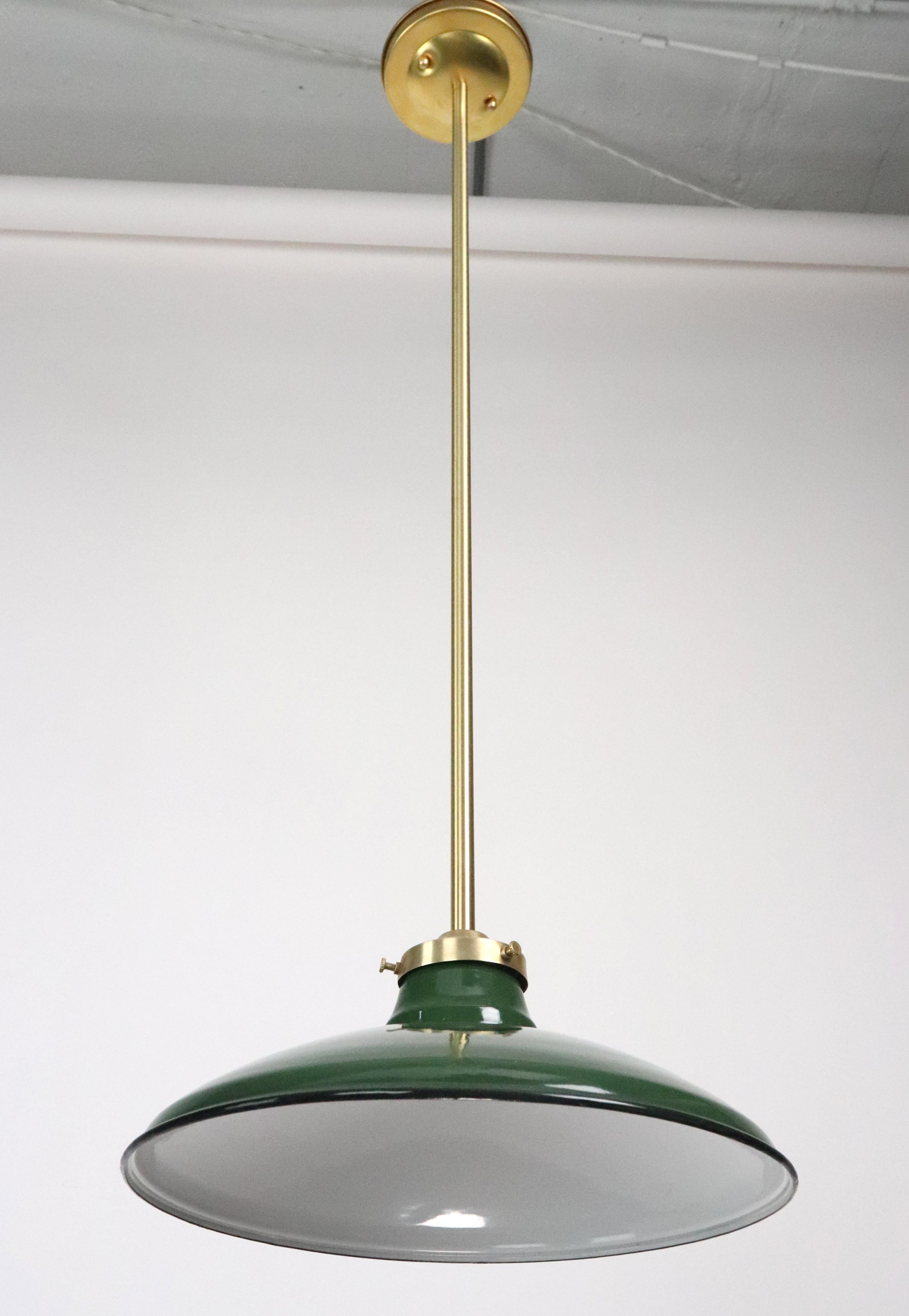Industrial Green Steel Brushed Brass Pole Pendant Light 12 In. Dia. For Sale 3